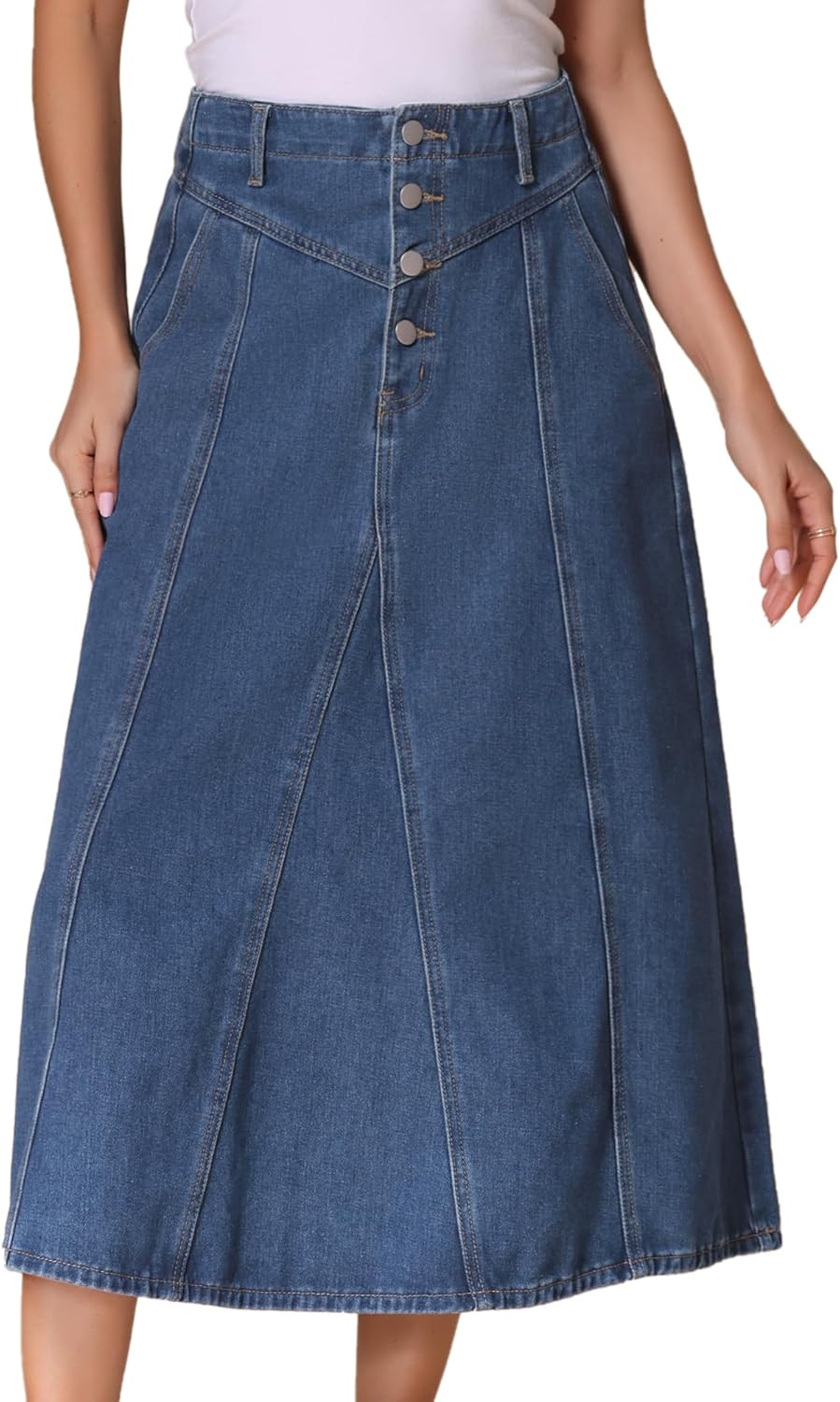 Allegra K Women's Casual Denim Skirts High Waisted A-Line Frayed Midi Skirt with Pockets