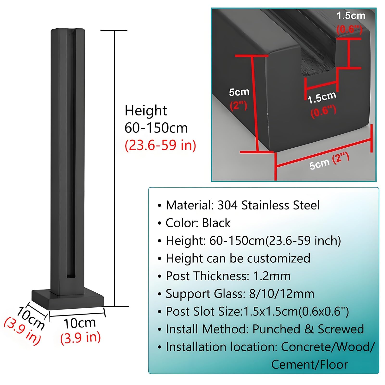 Genérico Postes Cuadrados de Acero Inoxidable Negro para barandillas de Vidrio, Ajustables de 24 a 59 Pulgadas, Ideales para Balcones y terrazas Exteriores, compatibles con Vidrio de 8 a 12 mm, Poste