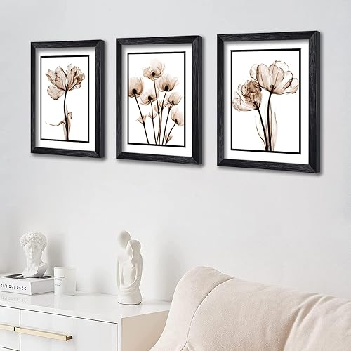 Miniatura 3 de 3 piezas de arte de pared con marco de flores para oficina, sala de estar, 12 x 16 pulgadas, elegante tulipán negro enmarcado, arte moderno