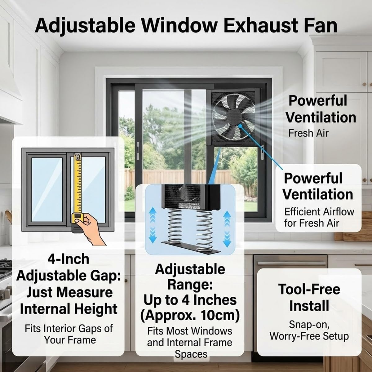 Vertical Window Exhaust Fan for Sliding Windows, Retractable Reversible Airflow Window Fan with Stepless Speed, No Drill Tool-Free Installation Fan for Bedroom Kitchen Attic Ventilation(33.5-35.4in)
