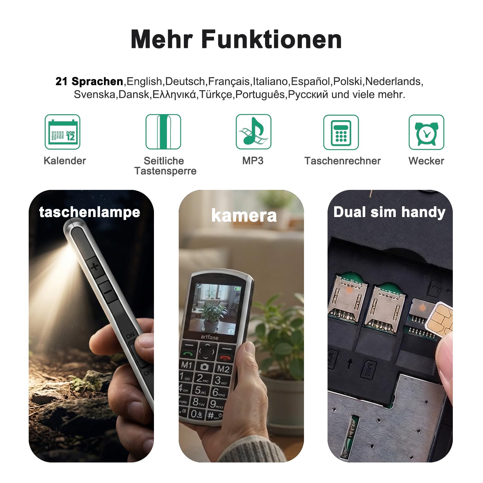 artfone 4G Volte - Teléfono móvil para personas mayores, sin contrato, teclas grandes, con botón de emergencia y batería de 1800 mAh, doble SIM con estación de carga de mesa, teléfono móvil sencillo