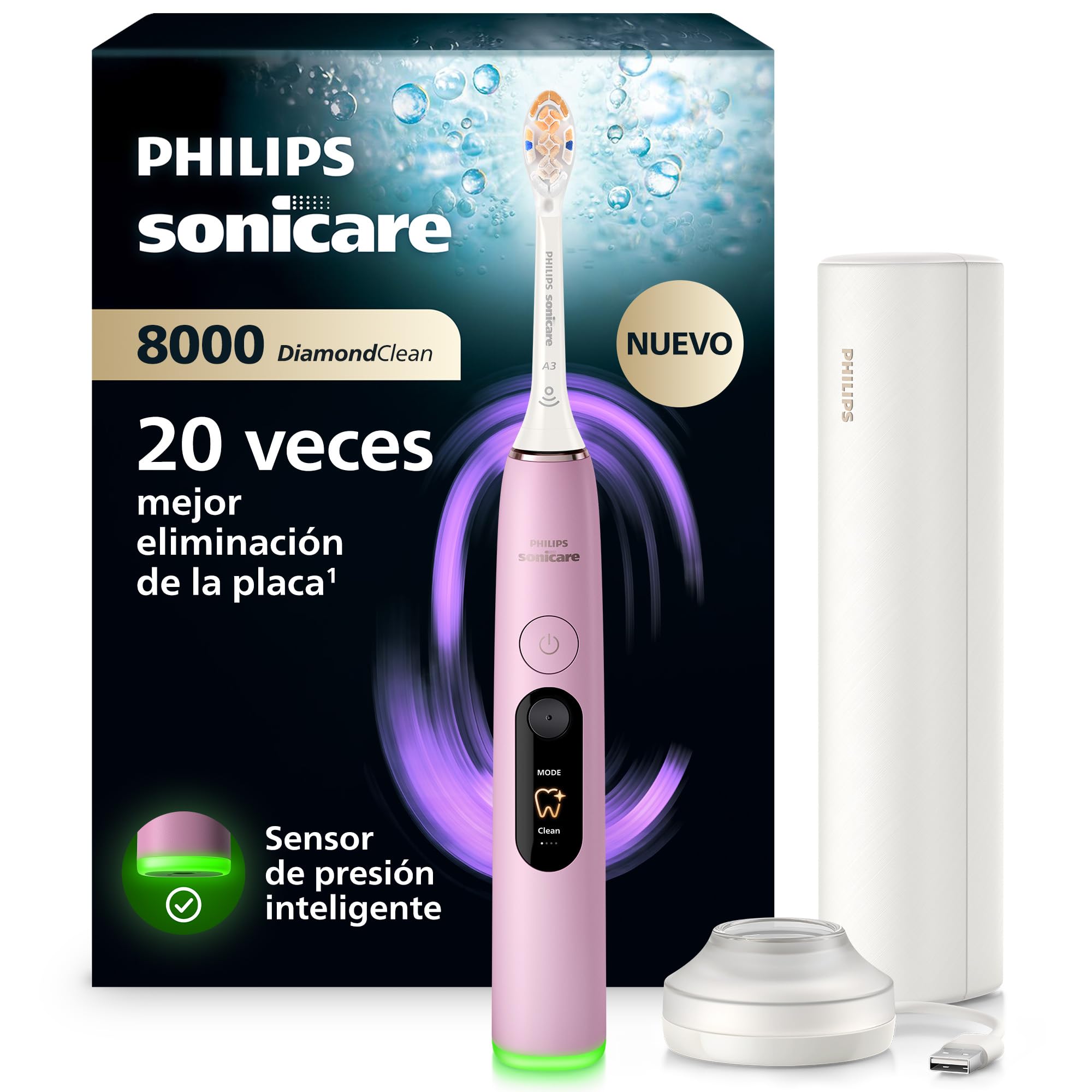 Philips Sonicare Next-Generation DiamondClean 8000 Cepillo de dientes eléctrico - con Smart Pressure Feedback y 15 ajustes, rosa flor, HX8311/15