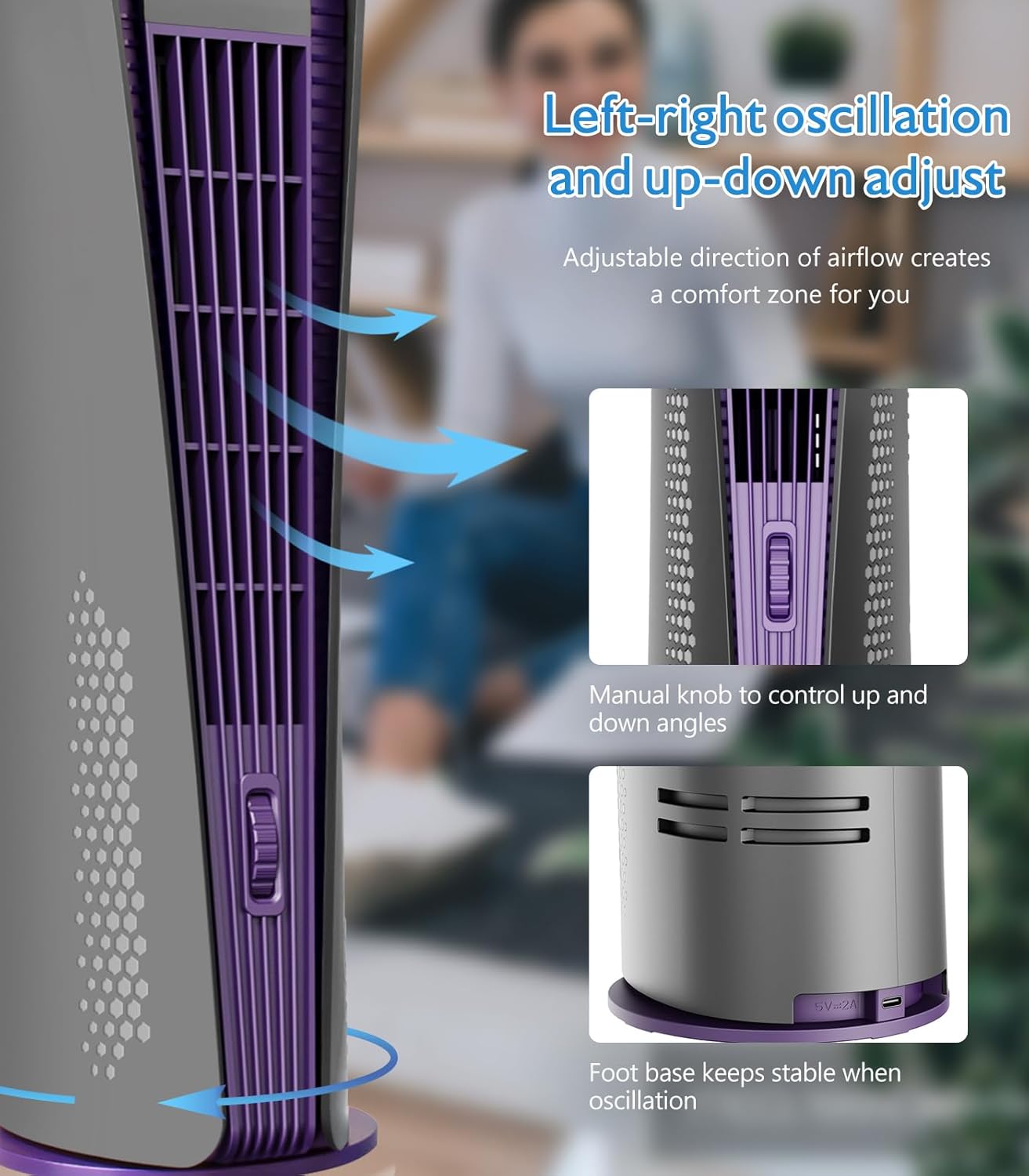 CONBOLA Bladeless Desk Fan Oscillation and Manual Adjustment