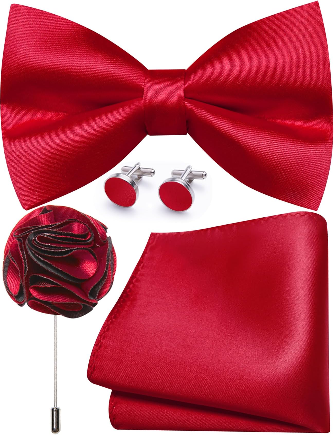 Bow Ties for Men Solid Color Pre-tied Silk Bowtie and Pocket Square Cufflinks Lapel Pin Set Tuxedo Wedding Party 4PCS