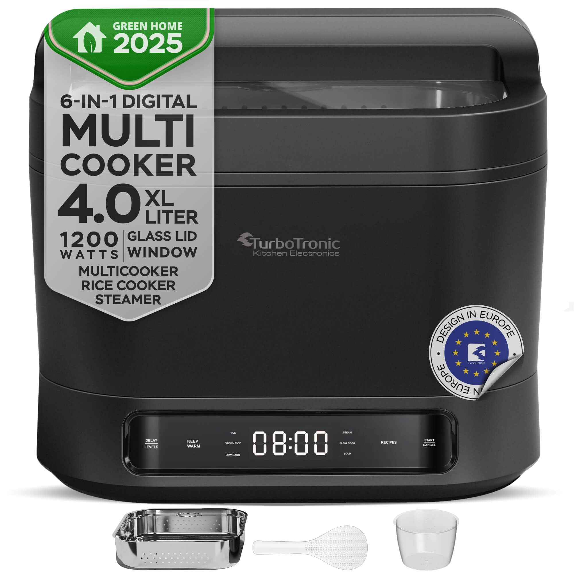 TurboTronic Elektrischer Multikocher 4L Schwarz Dampfkocher, Reiskocher, Slow-Cooker, Küchenmaschine, 1200W, Timer