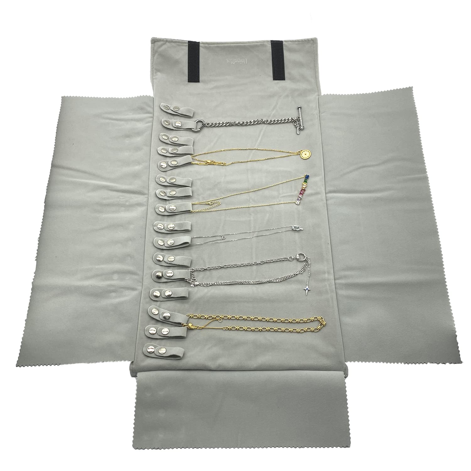 UnionPlus Velvet Travel Jewelry Case Roll Bag for Necklaces Brackets, Great Jewelry Organizer for Travel, Black and Grey