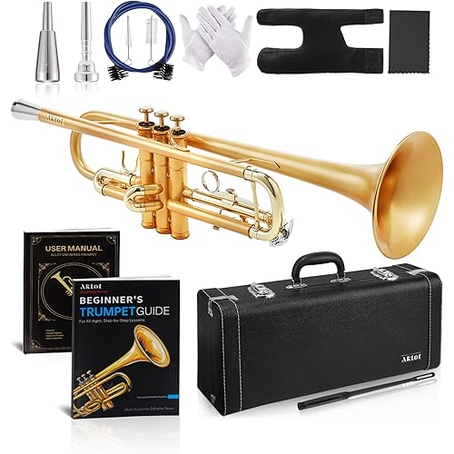 AKLOT Weighted Leadpipe Bb Trumpet: Electroplated Nickel Pistons, Brushed Matte Gold, Leather Finger Guard, Weighted and Standard Trumpet Mouthpieces, Stylish Leather Case, Lesson Book (SNR-VirtSF)
