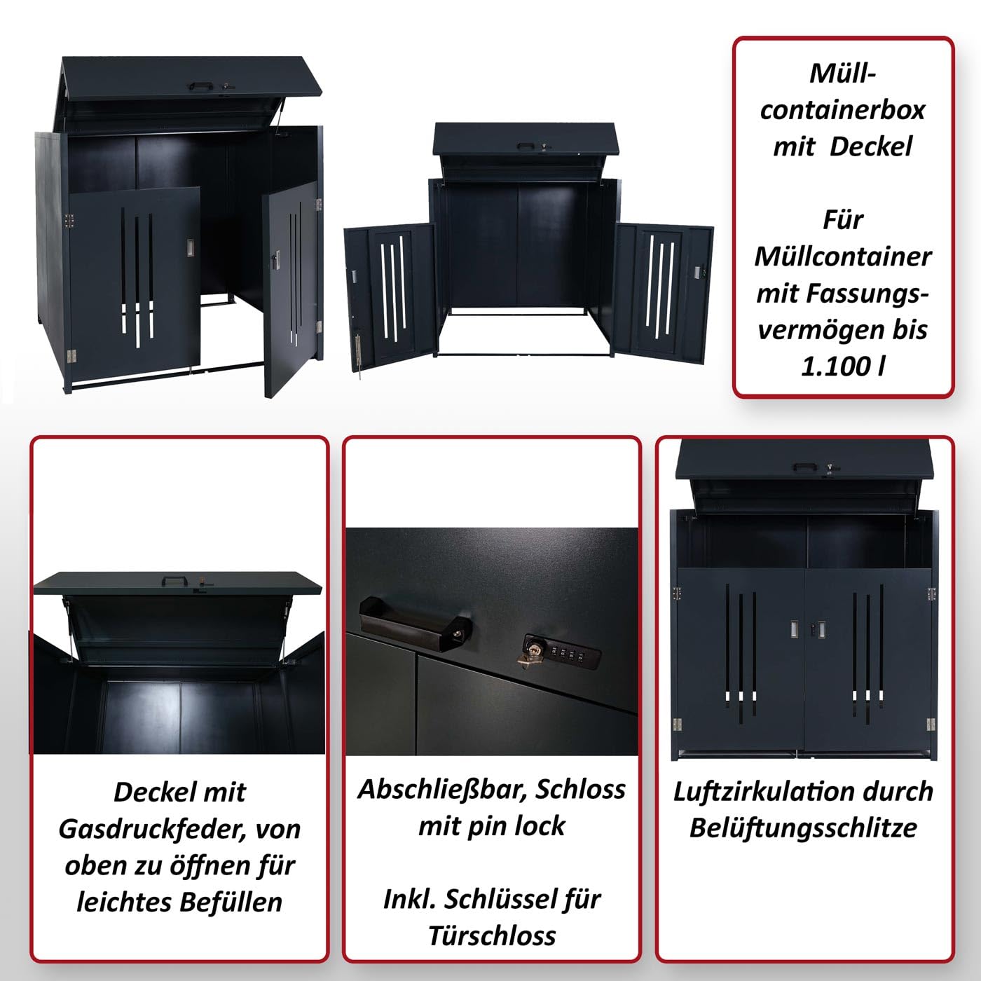 Mendler Revestimiento para contenedor de basura HWC-M54, caja para contenedores industriales, contenedor de hasta 1100 l, 154 x 160 x 136 cm, acero