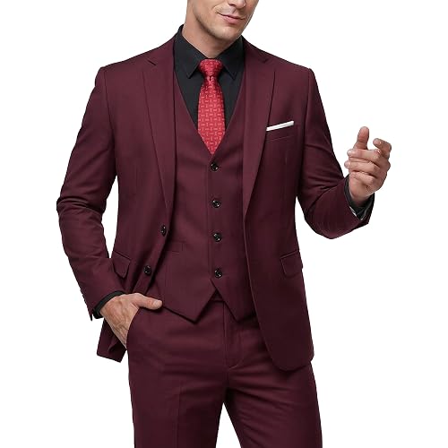 MY'S Men's 3 Piece Slim Fit Suit Set with Tie, 2 Button Blazer Jacket Vest & Pants, Business Wedding Party Prom Suit for Men