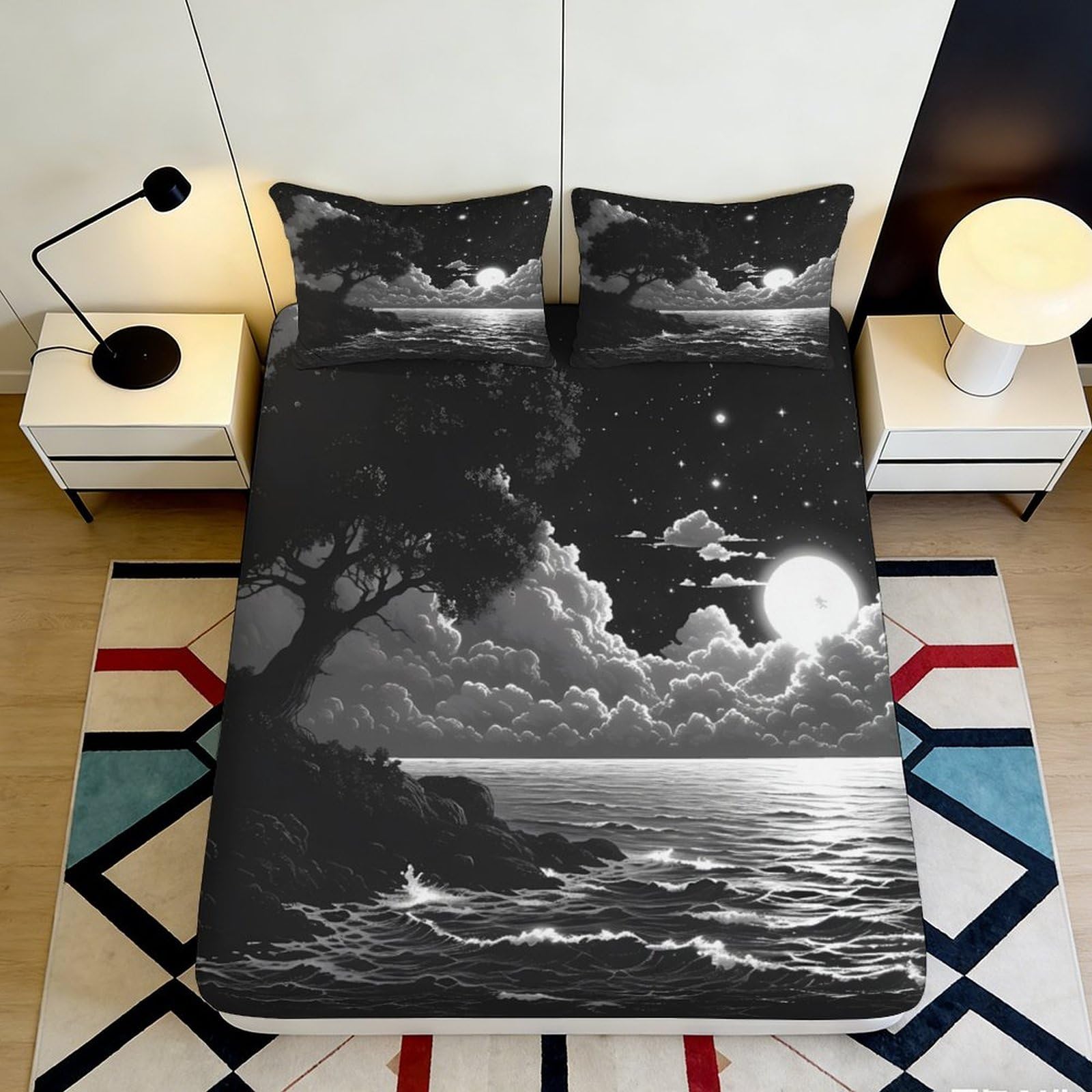 3D Printed Moonlit Ocean Fitted Sheet Microfiber Black White Night Sky Mattress Cover for Bedroom Dorm Decor 160x200x25cm
