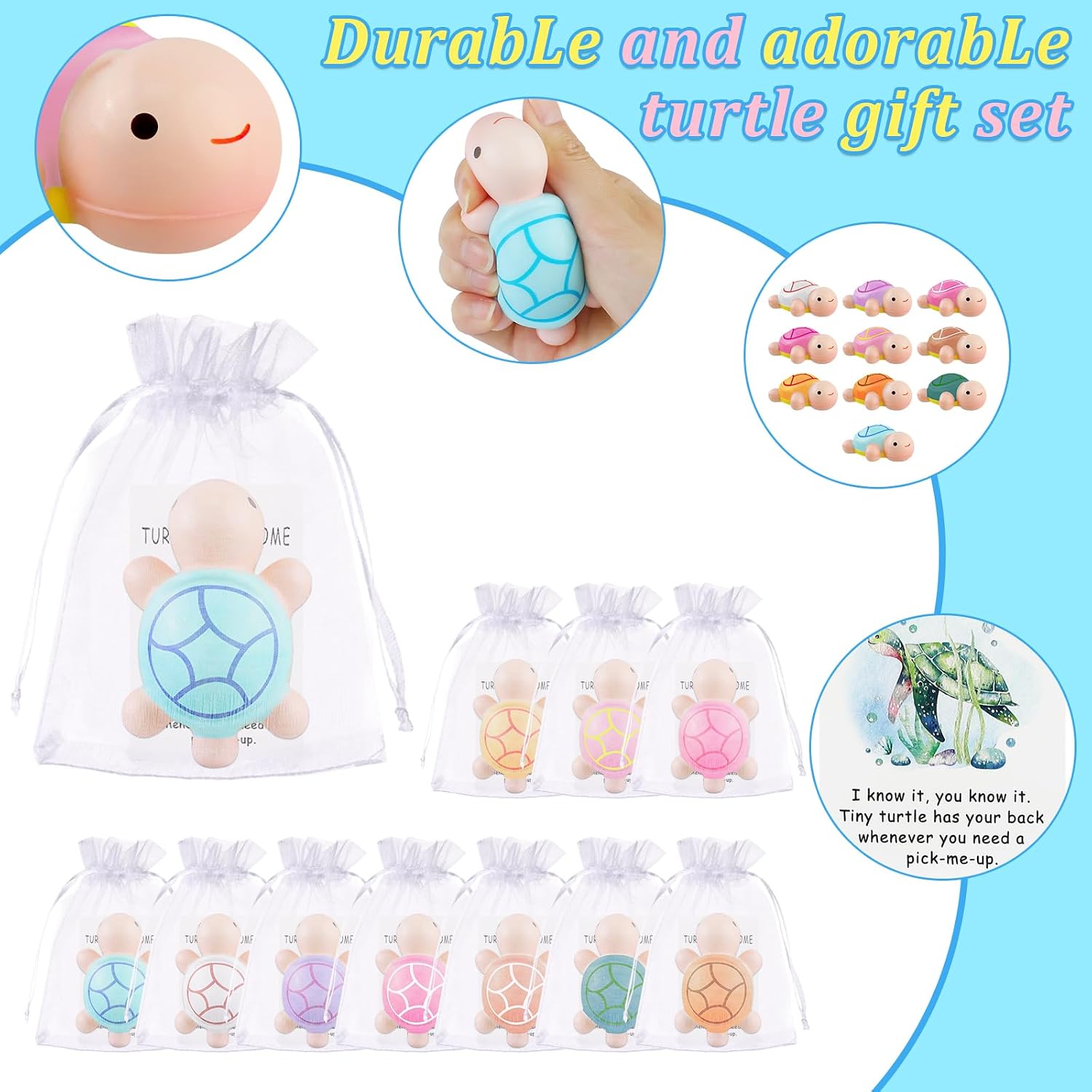 30 Sets Turtle Squeeze Toy Sensory Turtle Stress Ball Including Cute Mini Turtles Motivational Cards Organza Bags Positive Appreciation Gifts for Teacher Funny Graduation End of Year Gifts for Student