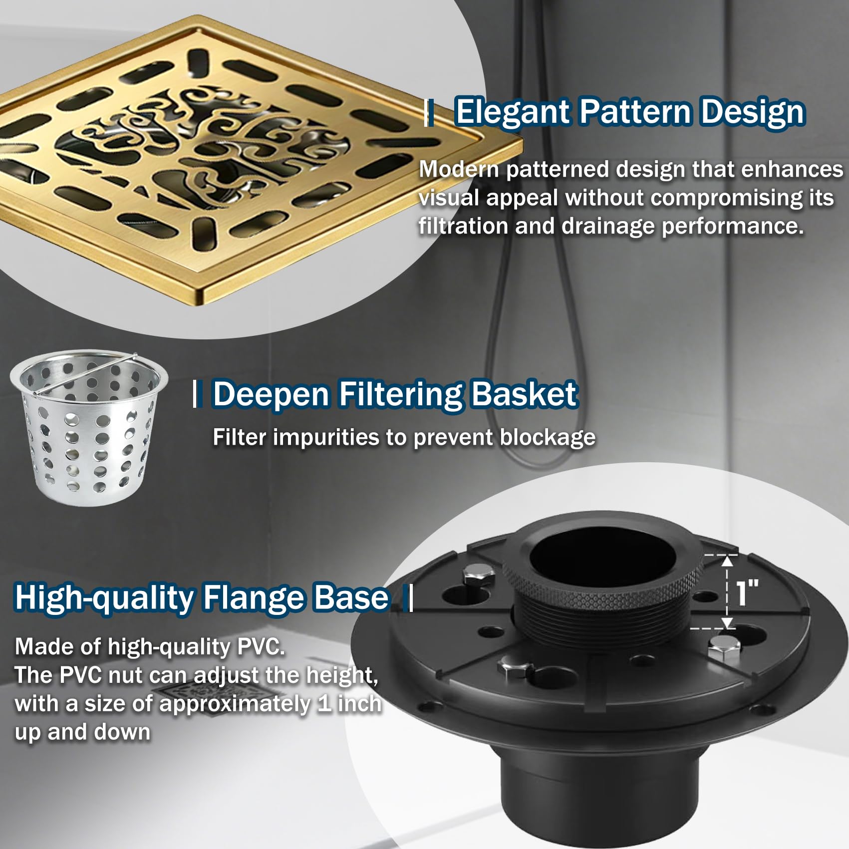 4 Inch Shower Drain, Square Shower Floor Drain Kit with Flange and Removable Cover Grate, AISI 304 Stainless Steel, Brushed Gold — view 5