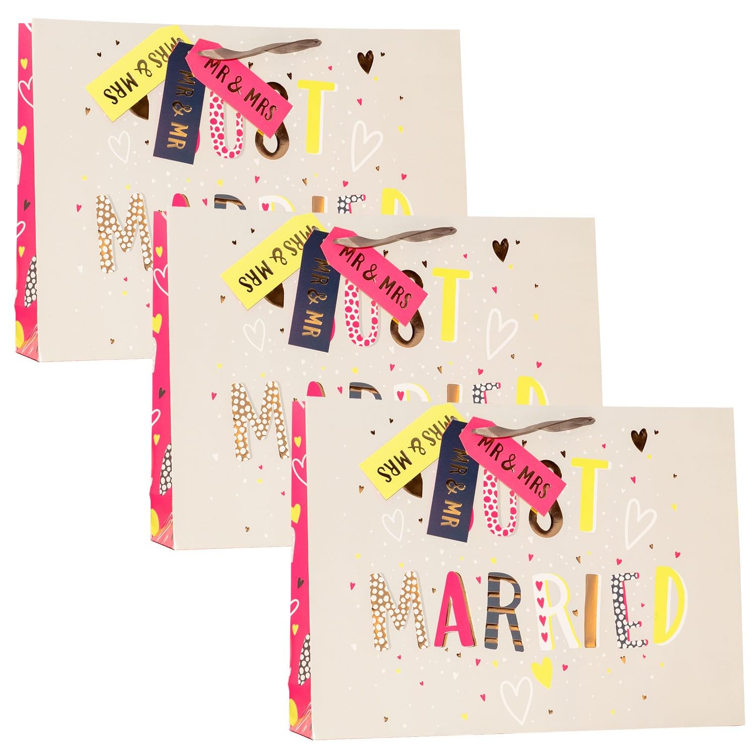 Design By Violet Just Married Large Paper Gift Bags – Set of 3 Wedding Gift Bags for Mr & Mr, Mrs & Mrs, Mr & Mrs, Newlyweds and Marriage Celebrations — image 1