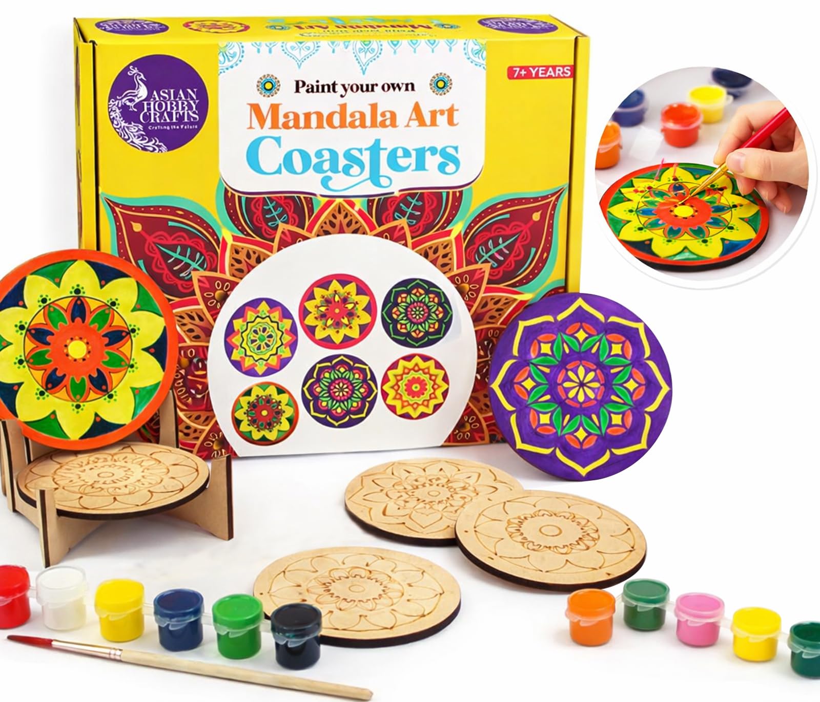 Asian Hobby Crafts DIY Coaster Painting Kit - 6 Pre-Marked Coasters, Paint and Brush Set | Mandala Art and Craft Kit for Kids & Adults (4-12 Years) Painting and Coloring Kit for Birthday Return Gift