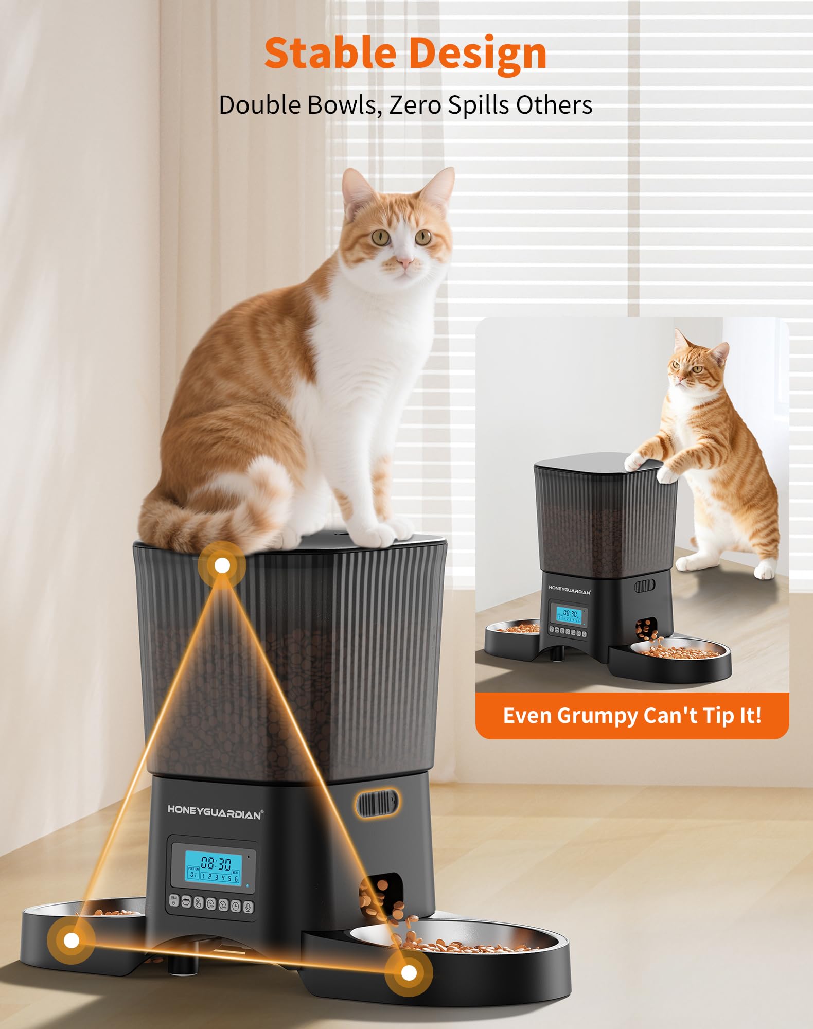 HoneyGuardian Automatische kattenvoederbak voor twee, programmeerbare kattenvoederbak met roestvrijstalen kom, 3,5 liter, dubbele voeding, 1-6 maaltijden per dag