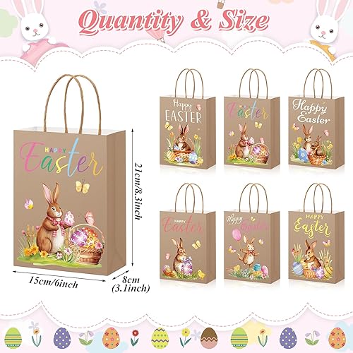 Miniatura 2 de Capoda 24 bolsas de regalo de Pascua, bolsas de papel kraft con asas para dulces decoradas con diseño de caza de huevos de Pascua y pollitos para