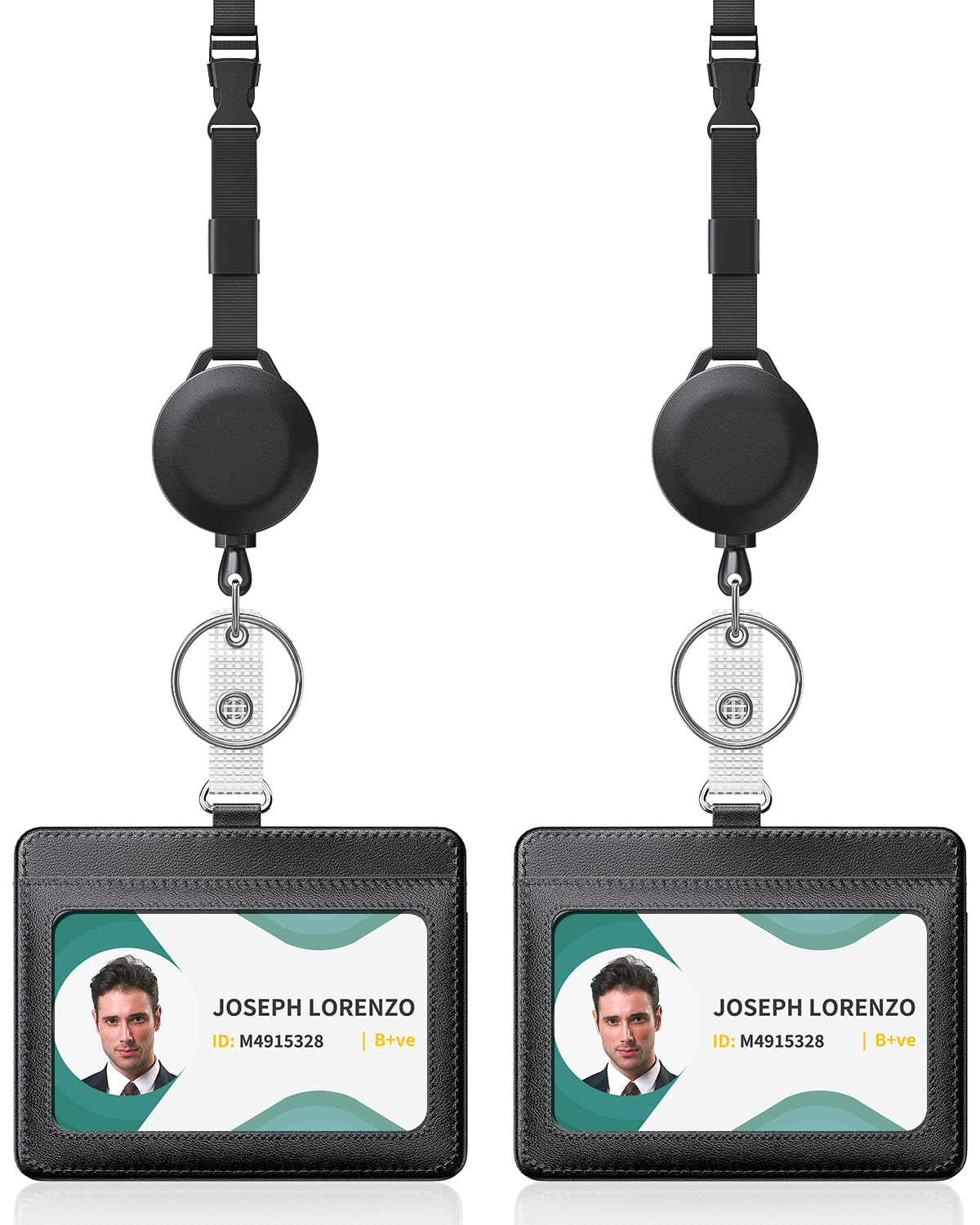 Uniclife 2 Pack Horizontal Leather ID Badge Holder and Retractable Adjustable Lanyard Breakaway Neck Lanyard with Retractable Badge Reel Quick-Release Buckle and Card Protector for Workers Students