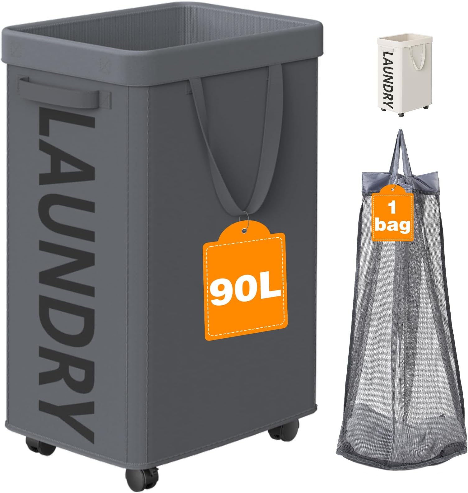 90L Rolling Laundry Basket with Wheels, 29 IN Hamper with Wheels and Removable Mesh Bag, Grey Laundry Baskets on Wheels for Bedroom, Dorm, Clothes Hamper Organizer