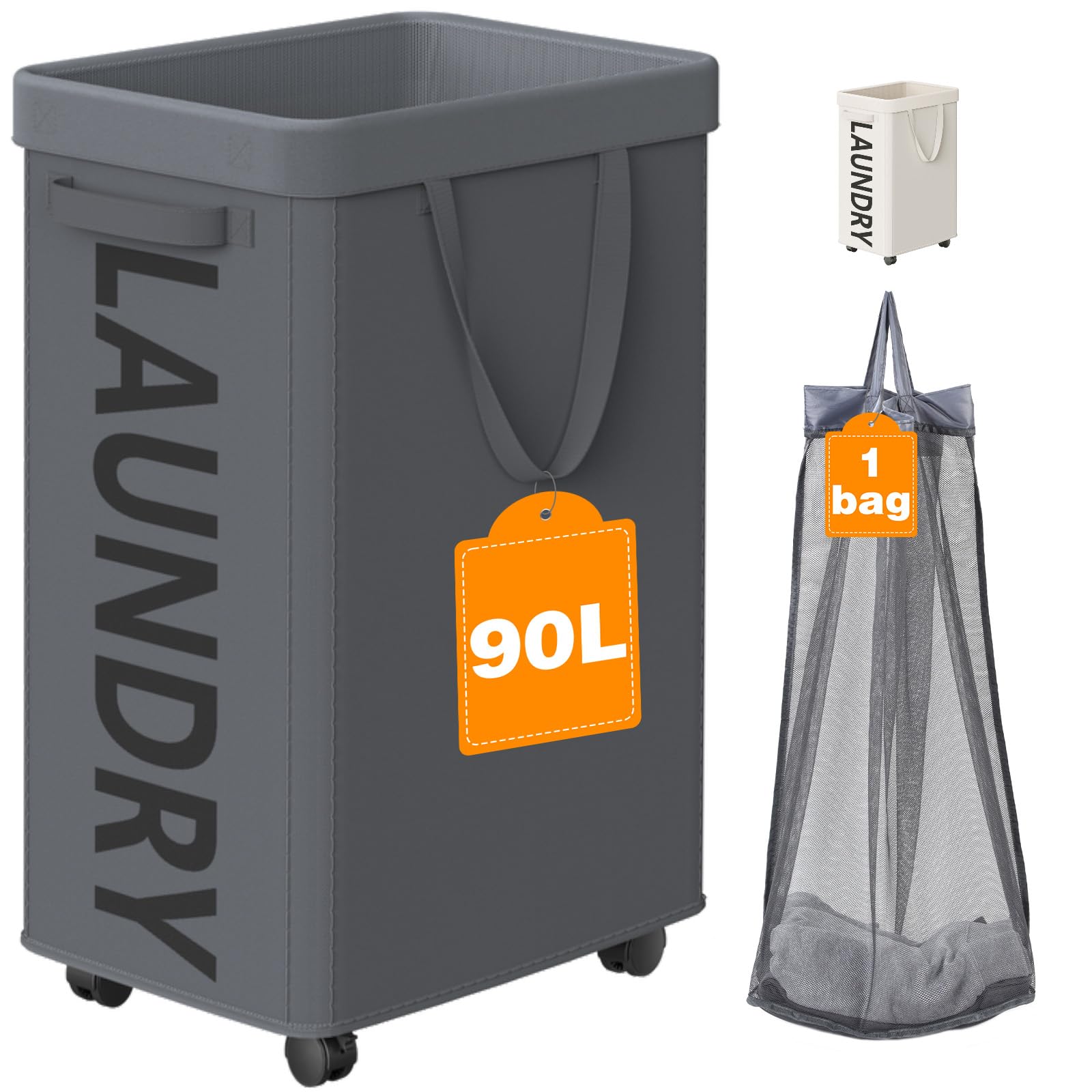 Optish Laundry Basket with Wheels, 90L Rolling Laundry Hamper with Wheels, Large Clothes Hamper on Wheel with Removable Mesh Bag for Bedroom, Bathroom, Dorm, Grey