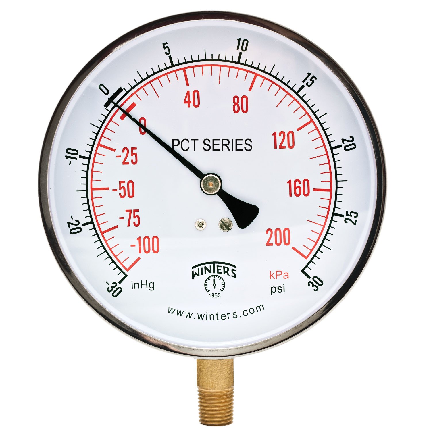 Winters PCT Series Stainless Steel 304 Dual Scale Contractor Pressure Gauge, 30"Hg Vacuum/kpa, 4-1/2" Dial Display, +/-1% Accuracy, 1/4" NPT Bottom Mount