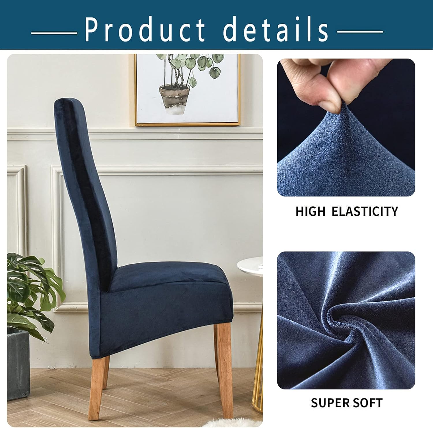 Velvet Chair Covers, Stretch Washable Removable Seat Covers Large Chair Protector Slipcover for Dining Room Banquet Hotel (Navy,Set of 2)