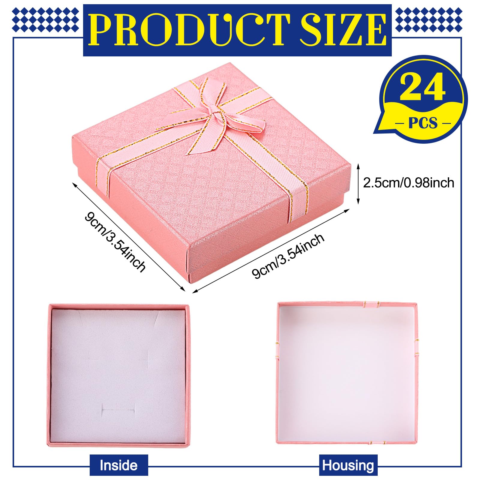 Yeaqee Schmuck-Geschenkboxen aus Karton mit Deckel und Schleifen, kleines Geschenkbox-Set, Halskettenbox für Ringe, Armbänder, Ohrringe, Valentinstag, Hochzeiten, Jubiläen, 4 Farben, 8,9 x 8,9 x 2,5