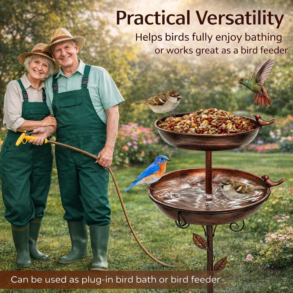Bird Bath for Outside, 46In Vintage Freestanding Birdbaths with 2 Bird Decor, Double Metal Bird Bath Feeder Bowls Detachable for Garden Patio Yard Lawn Decor Upgraded 5-Pronged Base (Antique Bronze)