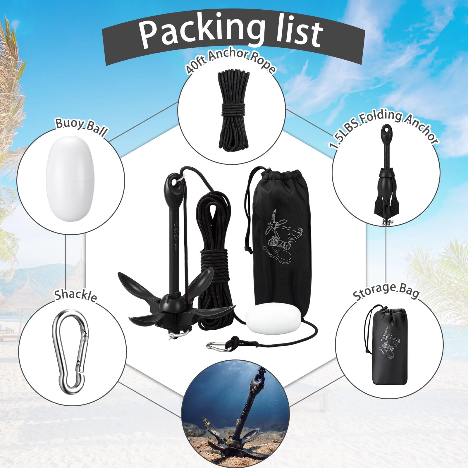 MorningRo 1 Packung Marine Kajak Anker Kit 1,5 kg Faltbarer Grapnel Anker Kit Boot Anker Kajak Angeln Zubehör für kleine Boote Kajaks Kanu Paddle Boards