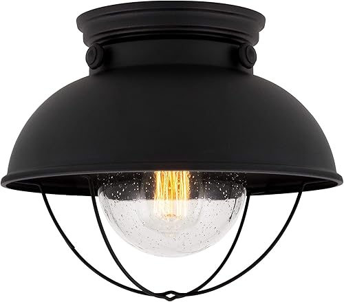 Kira Home Bayside - Lámpara de techo náutica de 11 pulgadas con montaje empotrado y pantalla de vidrio sembrado acabado negro mate