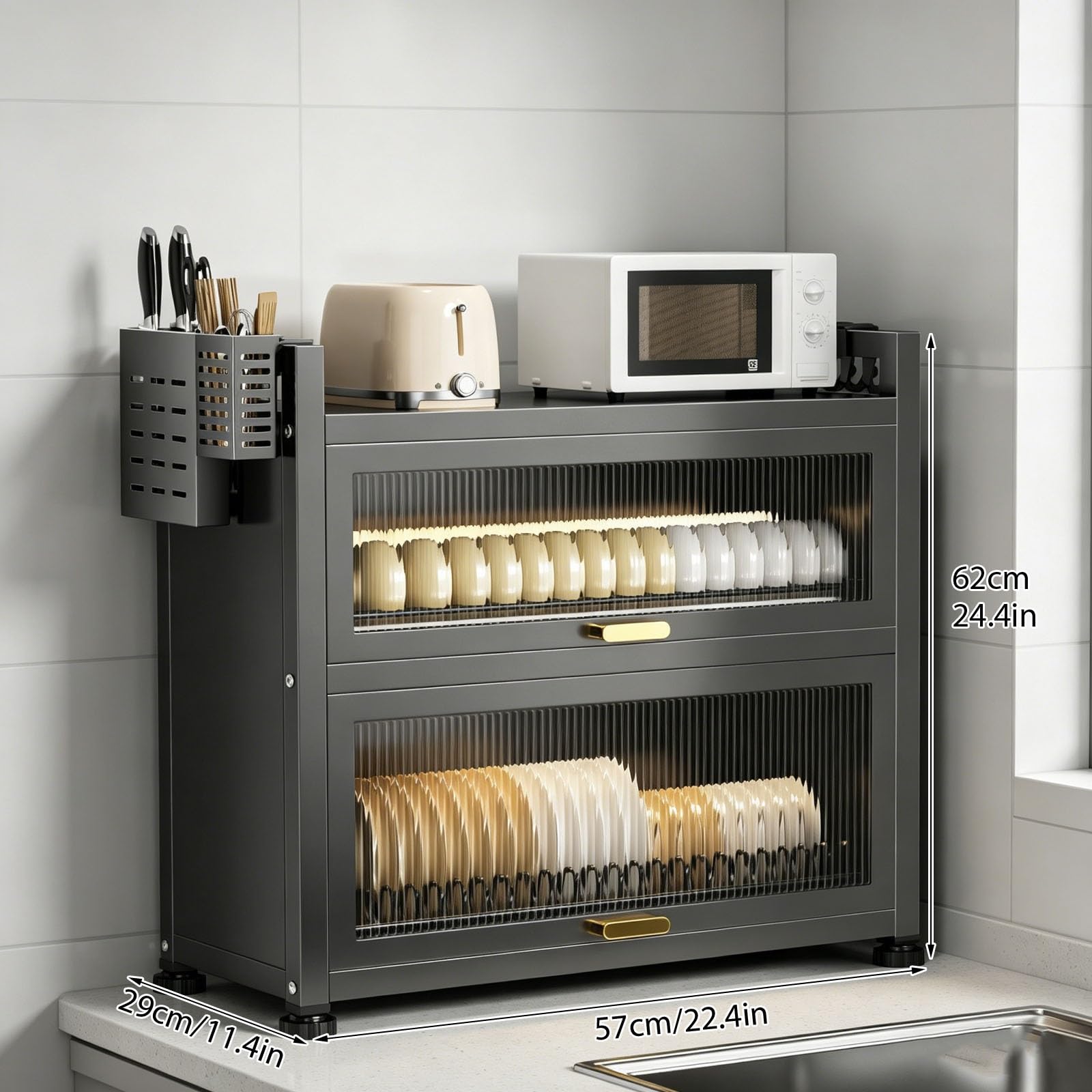 Organizador de fregadero de cocina con puerta abatible, estante de almacenamiento de 2 niveles, estante ajustable para platos, vasos, cuencos y cubiertos, organizador de cocina multifuncional