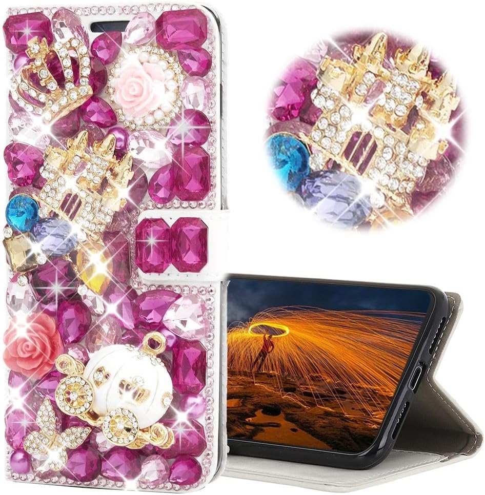 Glitter Wallet Case Compatible with Moto G Stylus 5G 2025-3D Luxury Girls Women Shiny Bling Handcrafted Leather Cover with Screen Protector (2 Pack) - Hot Pink Castle Pumpkin Car Crown