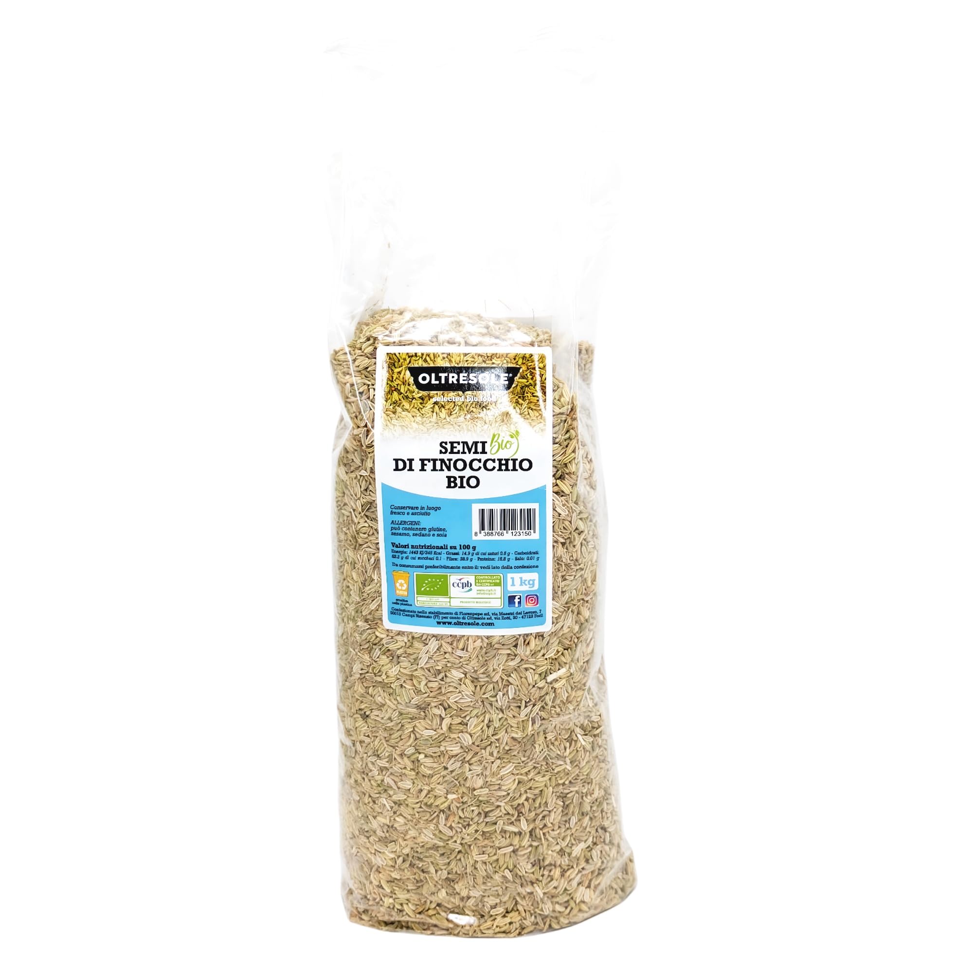 Oltresole, Semillas de Hinojo Ecológicas 1 Kg, Semillas Enteras Ecológicas, Ideal para Infusiones Digestivas y Recetas, Perfecto para Panadería, Pack Familiar Ideal