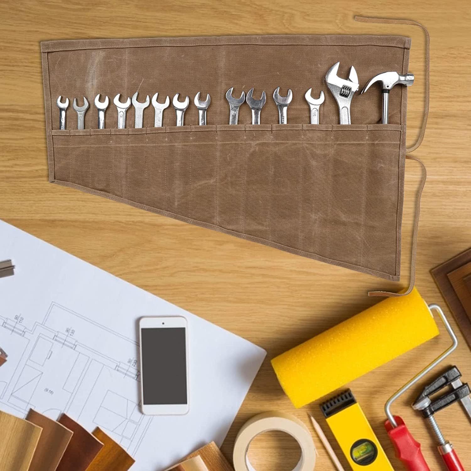 14 Pockets Tool Roll Bag | Wrench Organizer Pouch for Garage, Bike & Car Tools (Tan)
