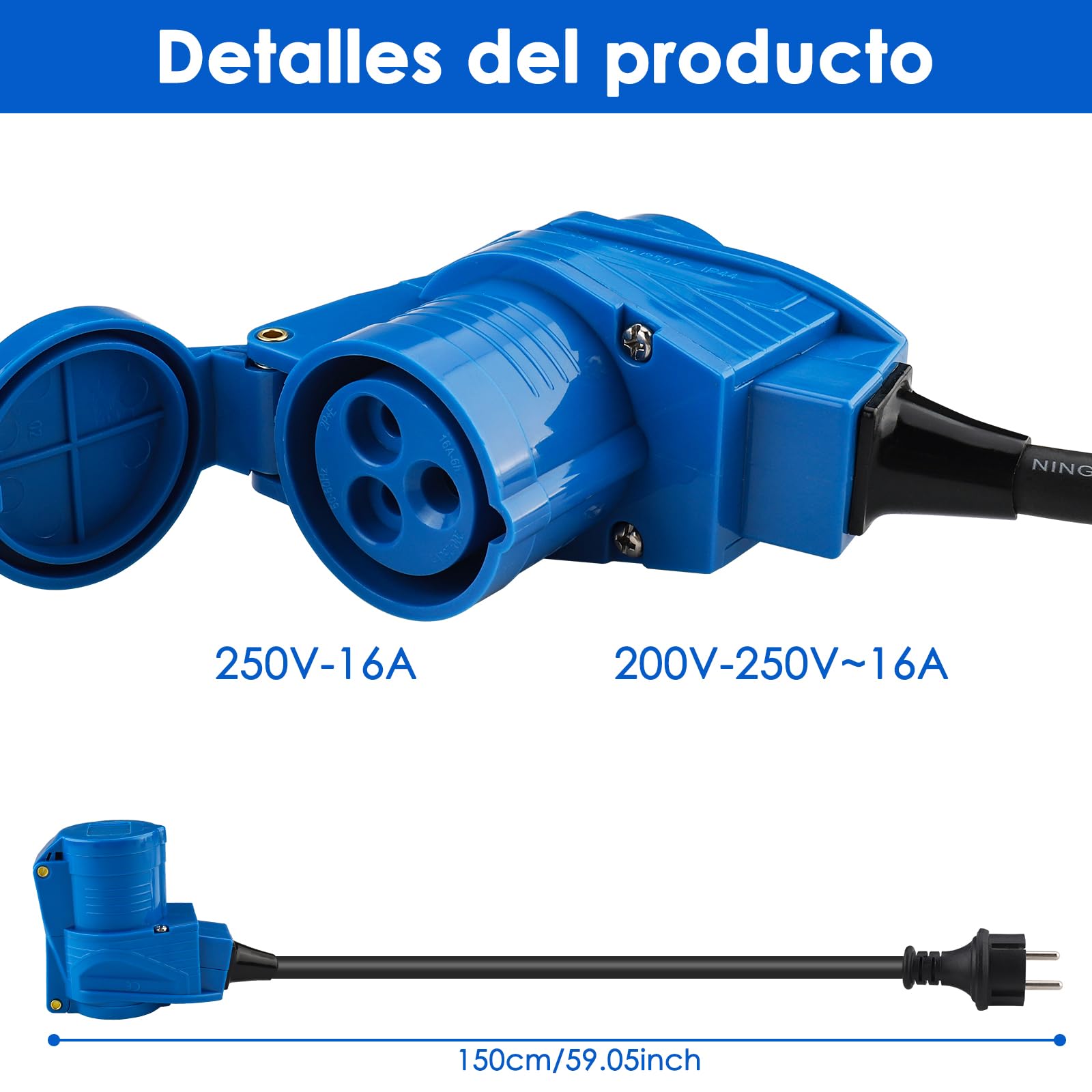 Cable Adaptador CEE acodado con Enchufe a Enchufe de protección de Contacto, Cable de 1,5 m, IP44, 250 V/16 A, 3 Polos, Toma de corriente angular cableable para Camping