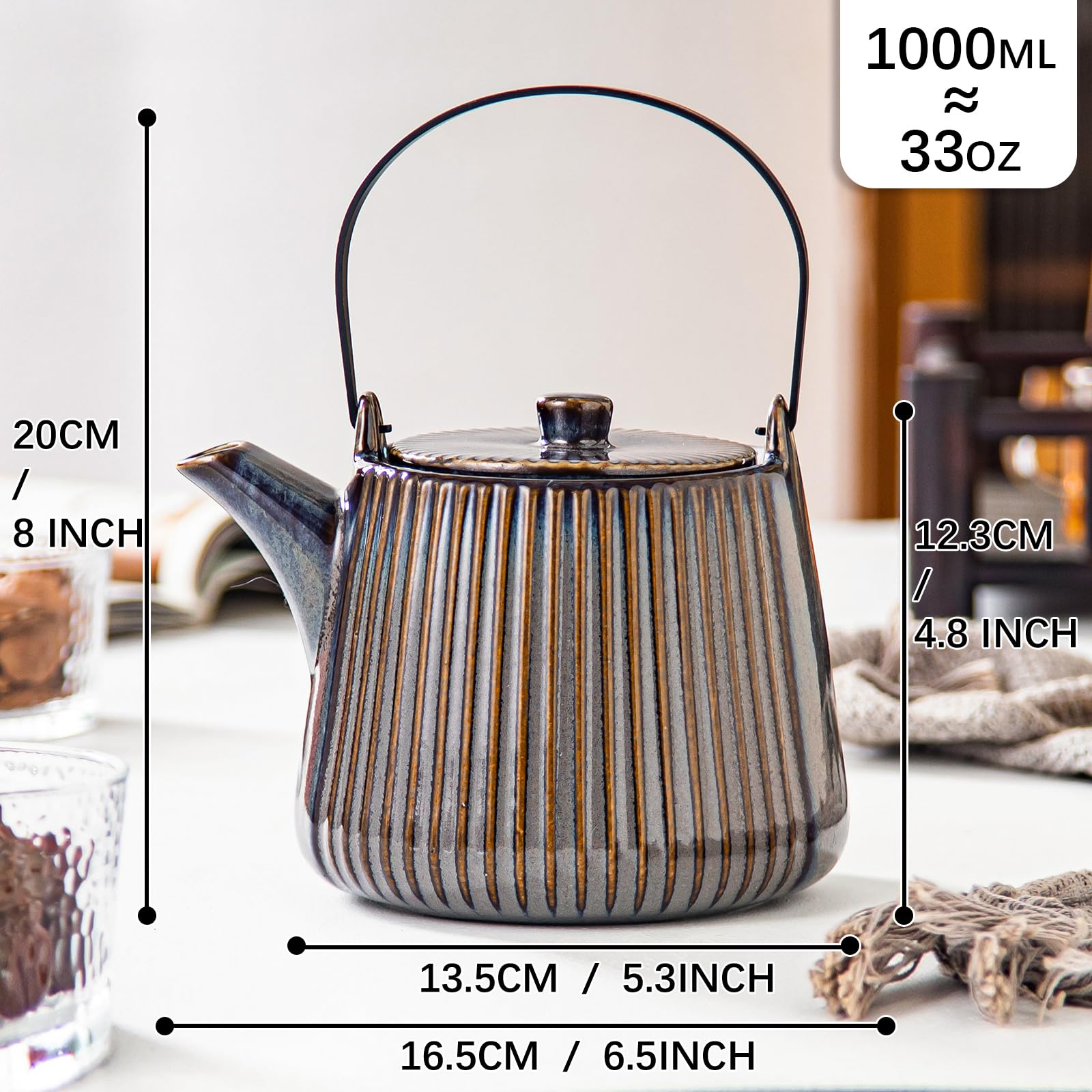 Yundu Braun Teekanne Porzellan, 1000ml Keramik Mit Abnehmbarem Tee-Ei, Teesieb für Losen Tee, Siebeinsatz