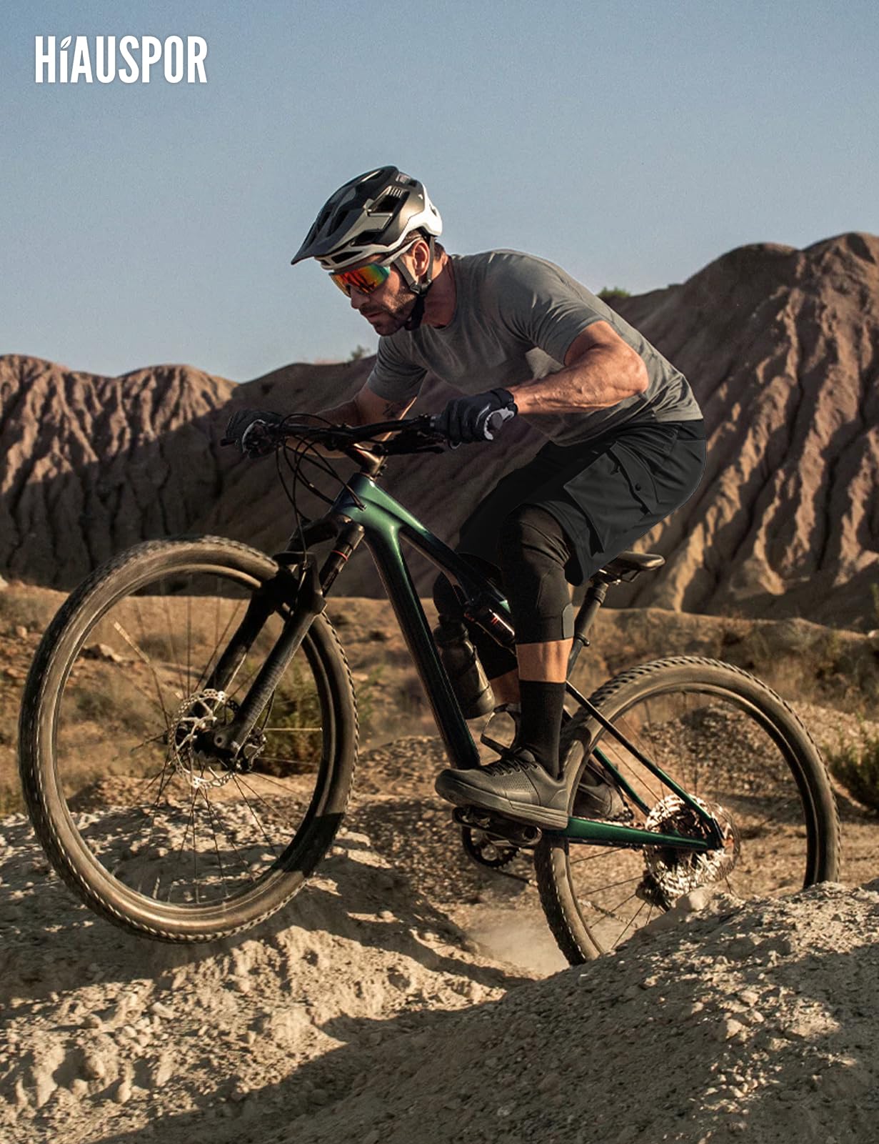 Hiauspor Short de VTT pour Homme - Short de Cyclisme rembourré 3D - Coupe Ample - Poches zippées pour VTT et randonnée