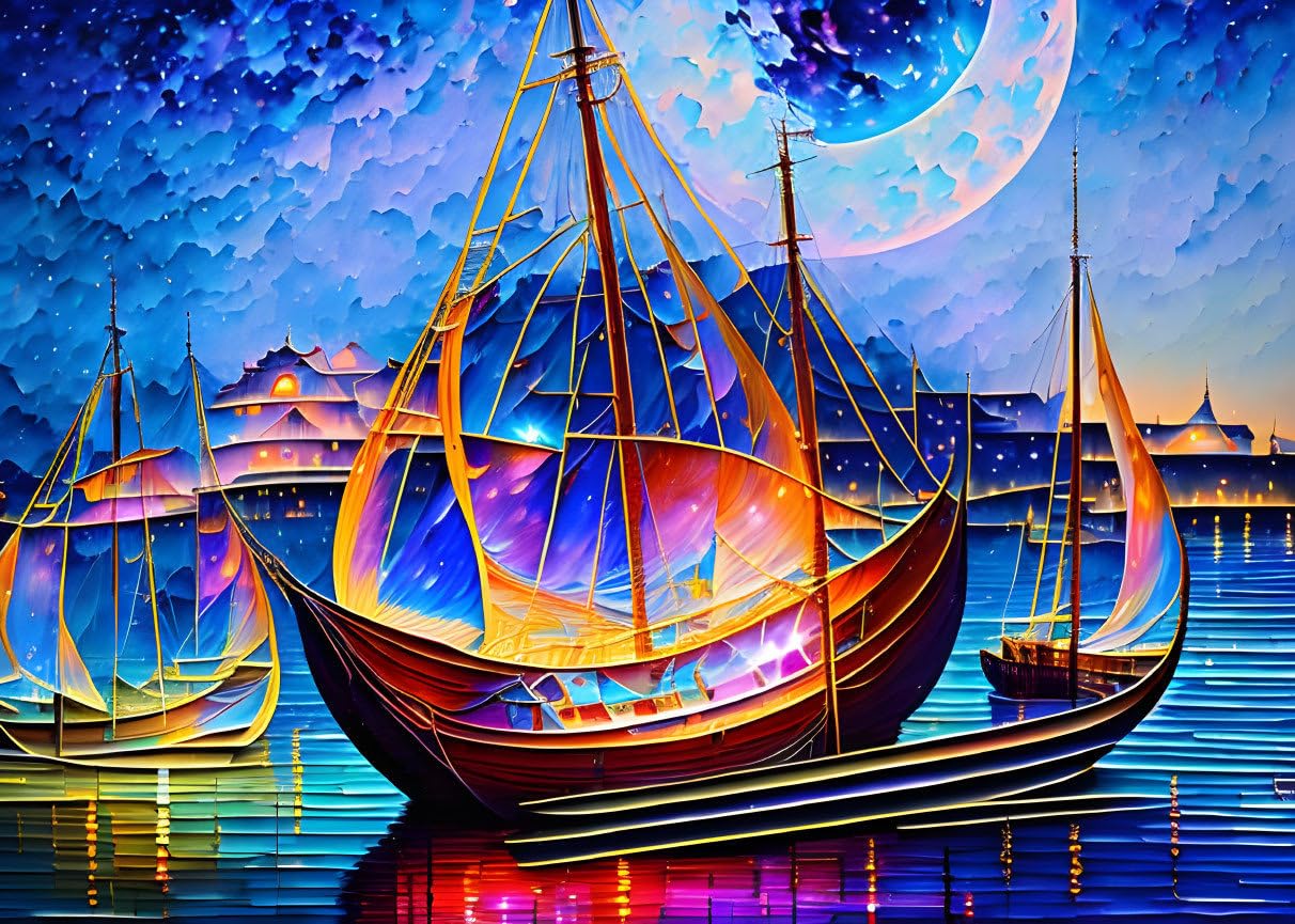 Toile murale bateaux au clair de lune Meechi impression premium
