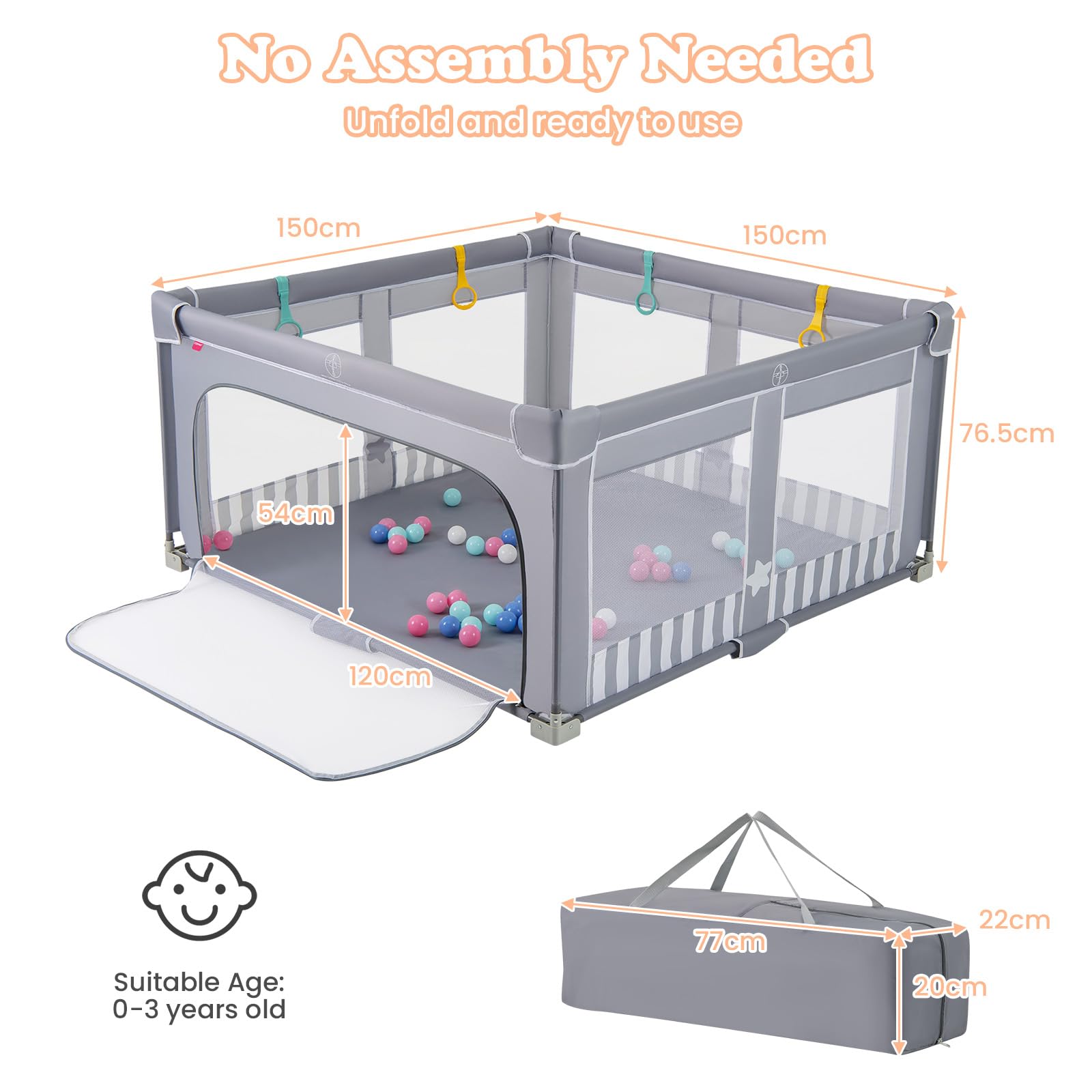 LIFEZEAL Parc Bébé Pliable avec 4 Anneaux, 50 Boules, Porte à Fermeture éclair, Sac de Rangement, Aire de Jeu Bebe en Tissu Oxford, Centre d'activité Enfant 0-3 ans (Gris, 150 x 150 x 76,5 cm)