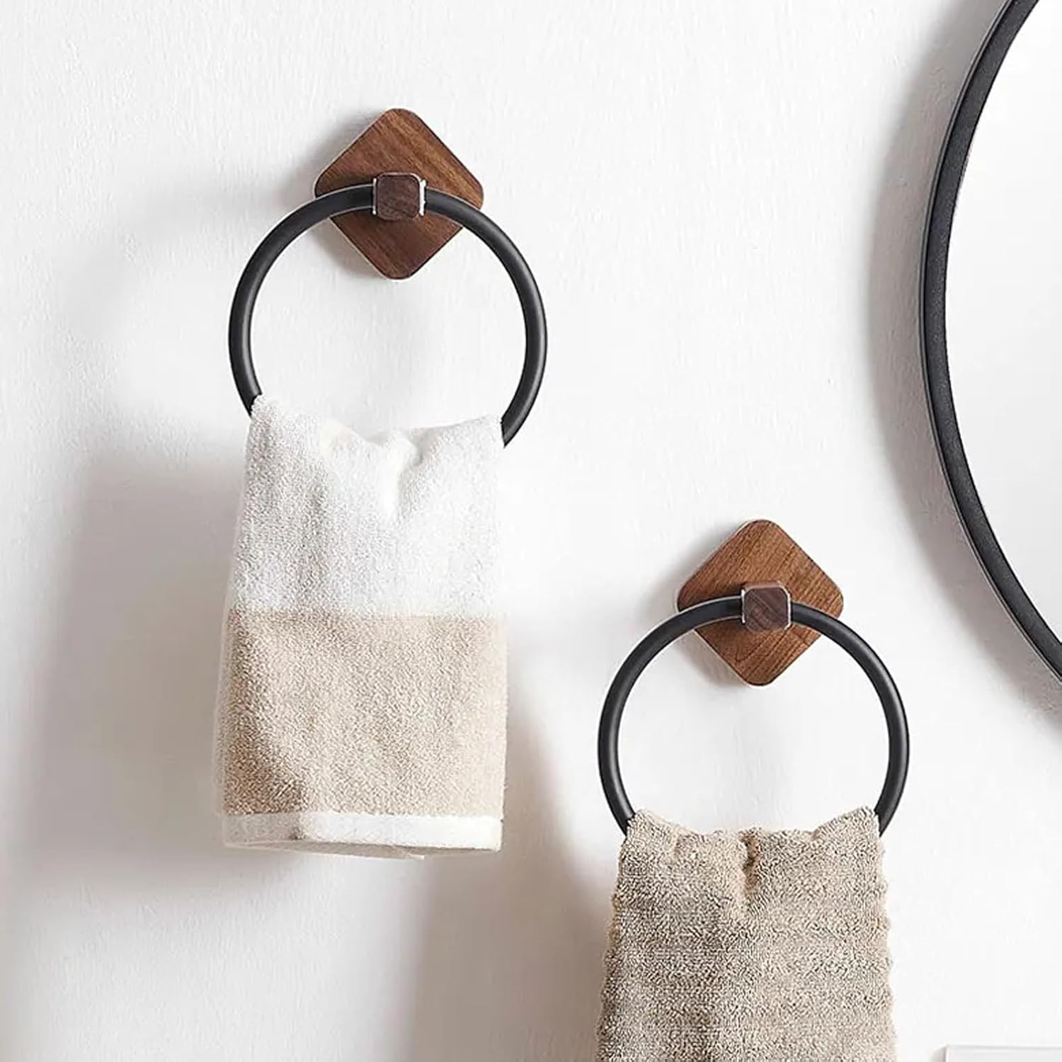 Towel Ring, 180° Swivel Hand Towel Holder Vintage Towel Ring Self Adhesive Towel Rail Wall Mounted Aluminum+Wood Towel Rings for Bathrooms Anti-Rust Towel Hanger, Easy to Install