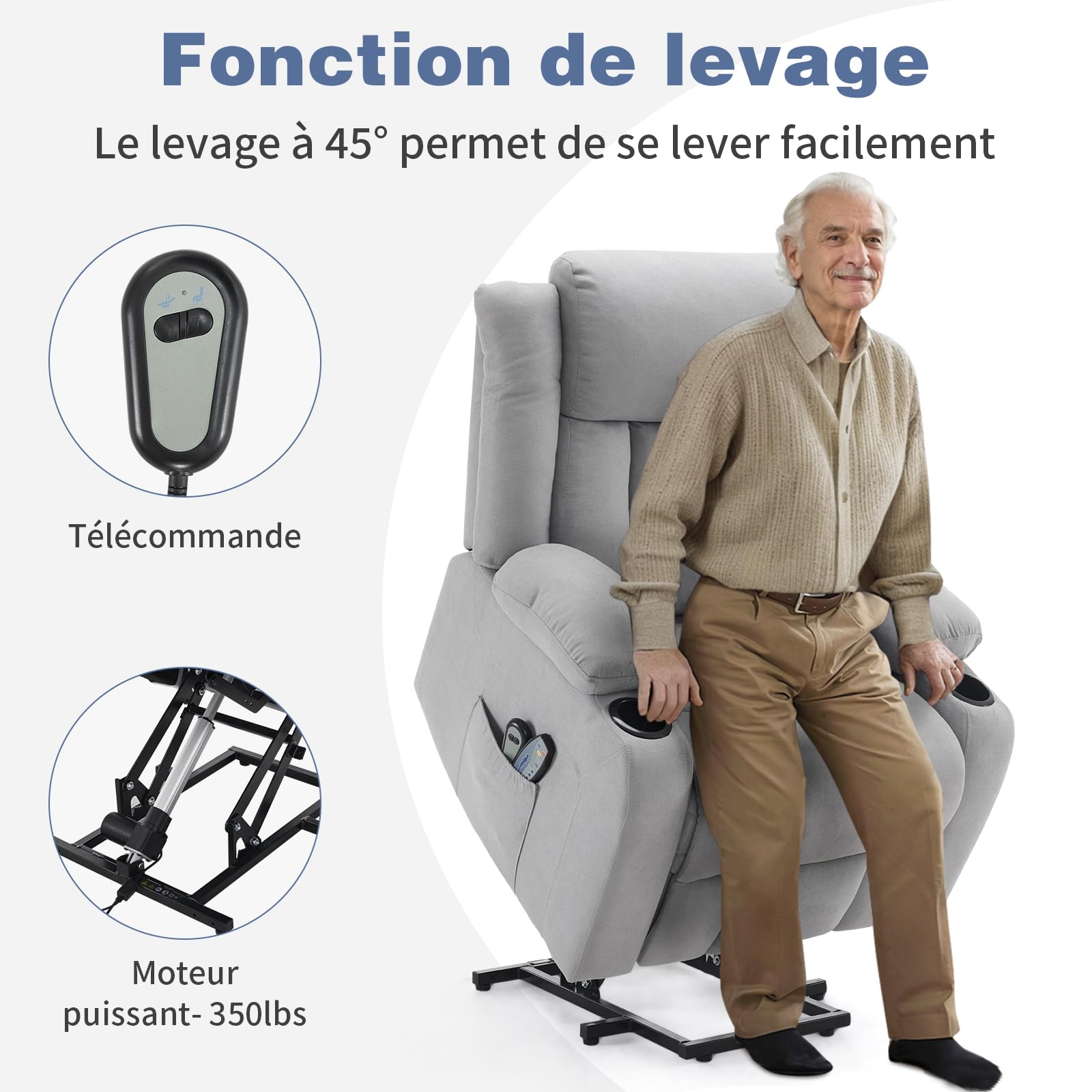 LEADZM - Silla elevadora eléctrica, silla de relax eléctrica, con función de masaje y calor, inclinación ajustable, sillón relajante con reposapiés, mandos a distancia