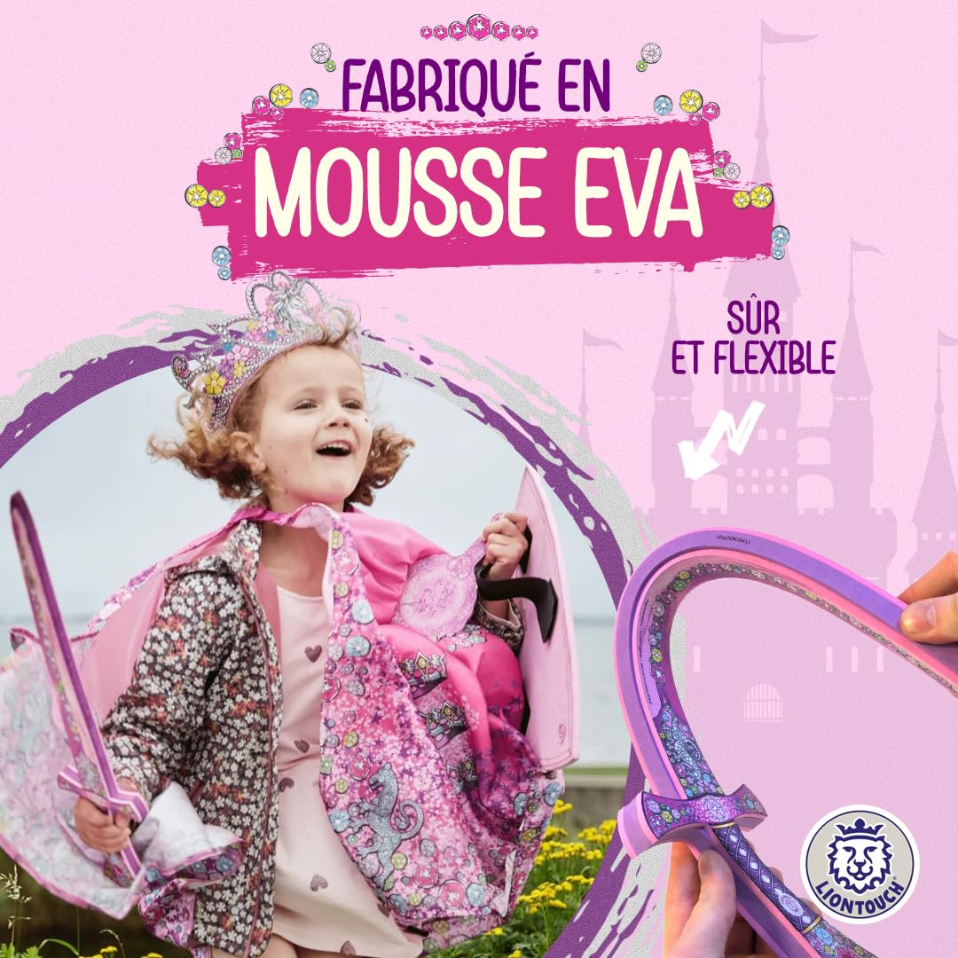 Liontouch - Épée et Bouclier de Princesse en Cristal pour Filles - 3-8 Ans | Jouet Médiéval en Mousse Rose et Argent Style Lionne | Accessoires d'Armes Sûres pour Déguisements et Costumes Royaux