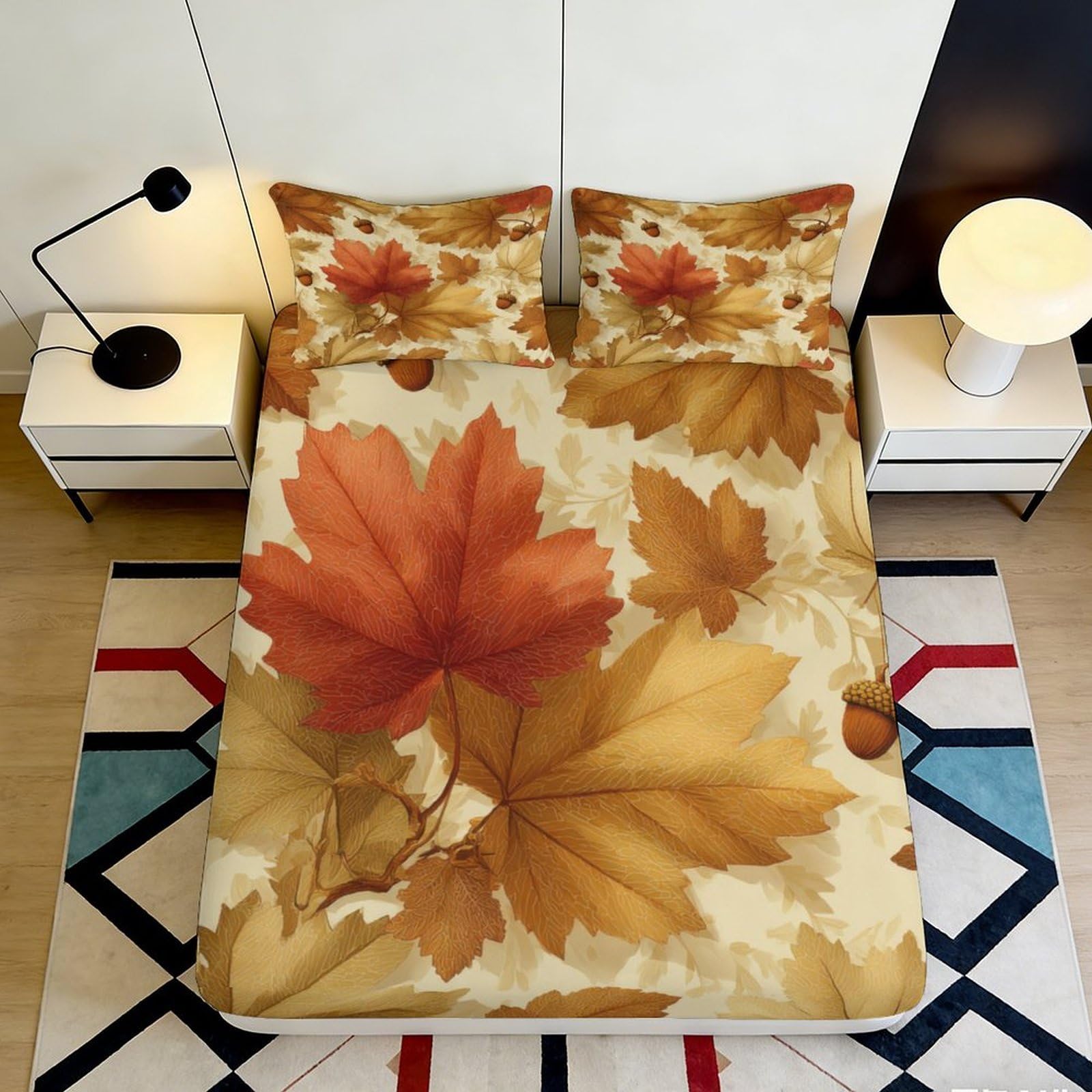 3D Printed Autumn Maple Leaf Fitted Sheet Microfiber Soft Breathable Oak Acorn Mattress Cover for Bedroom Dorm Decor 90x200x25cm