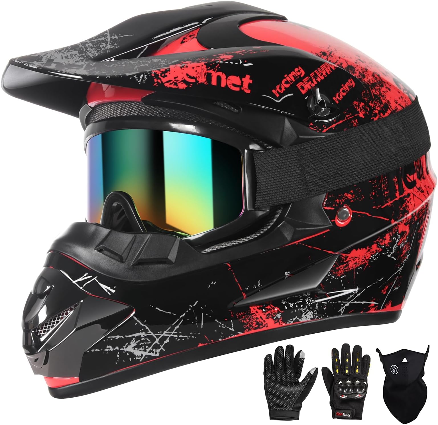 SPARK Dirt Bike Helmets Kids Motorcycle Helmet Youth ATV Motocross Full Face Men Women Off-Road Mountain Bike Helmet Adult with(Gloves Goggles Mask) DOT Approved 4Pcs Set