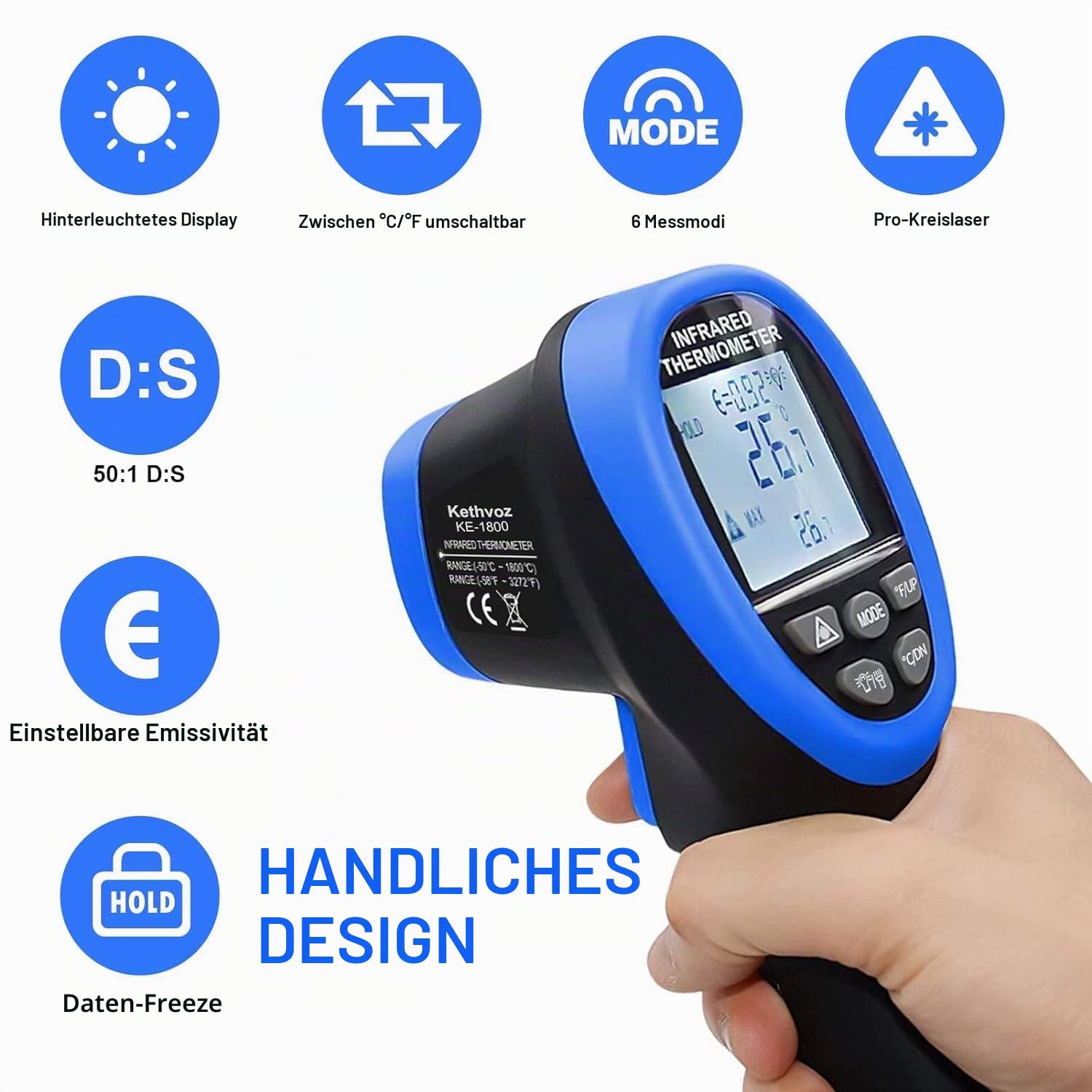Kethvoz Digitale Infrarot Laser Thermometer -50℃ bis 1800℃, Genauigkeit ±3% | Digital IR-Pyrometer, Berührungsloses Temperaturmessgerät D:S=50:1, Einstellbare Emissivität, für Küche Industrie