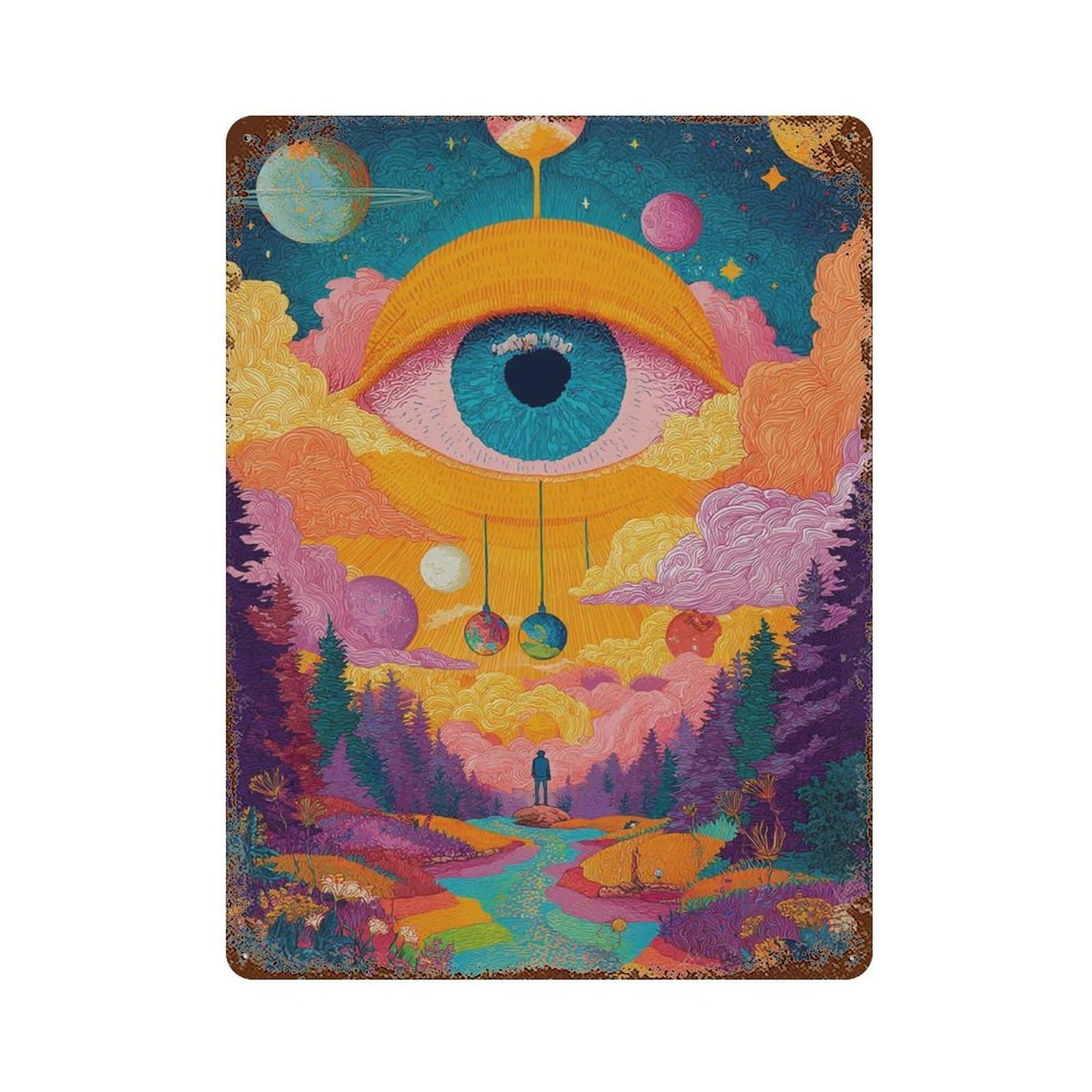 xiaoxiaoshen Psychedelic Eye Trippy Cosmic Landscape Vibrant Surreal Nature Third Universe Wo Wall Decor Art Metal Tin Poster Modern Home Decor Art Home Bar Shop Decorations Vintage Sign 40x30cm