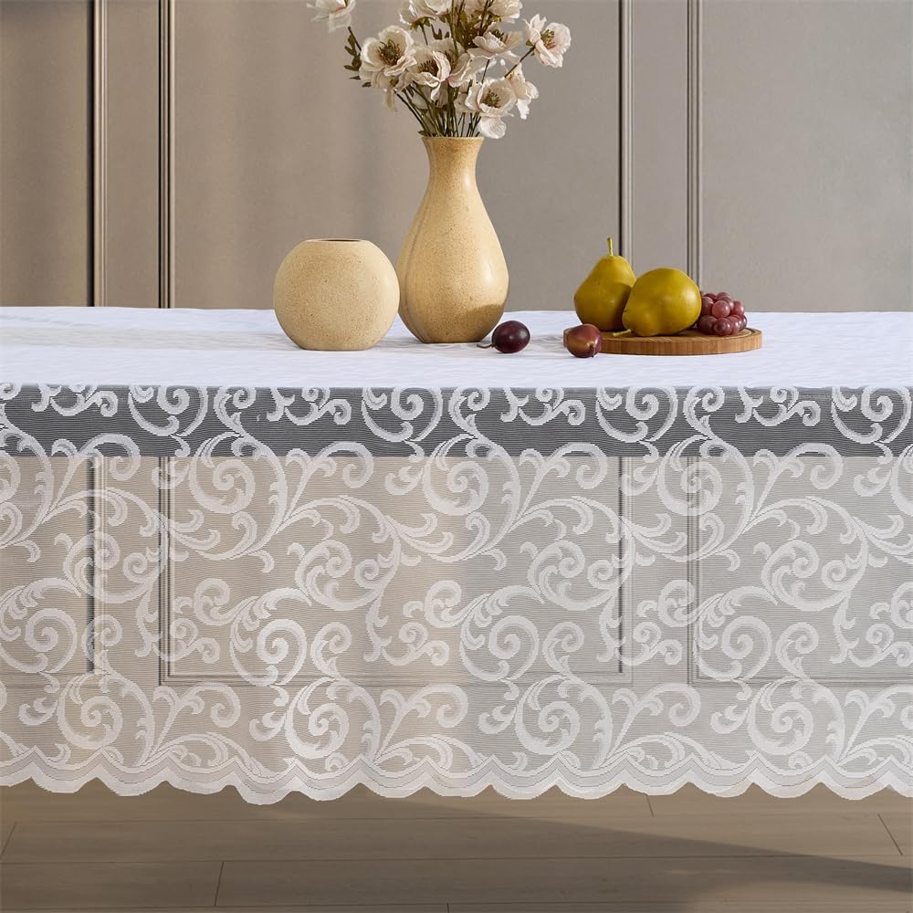 HLC.ME Scroll Lace Tablecloth Round, Lace Fabric Table Cloth for Round Tables, Wrinkle Resistant Tablecloth, Patterned Scalloped Tablecloth (90 Round, Linen Taupe)