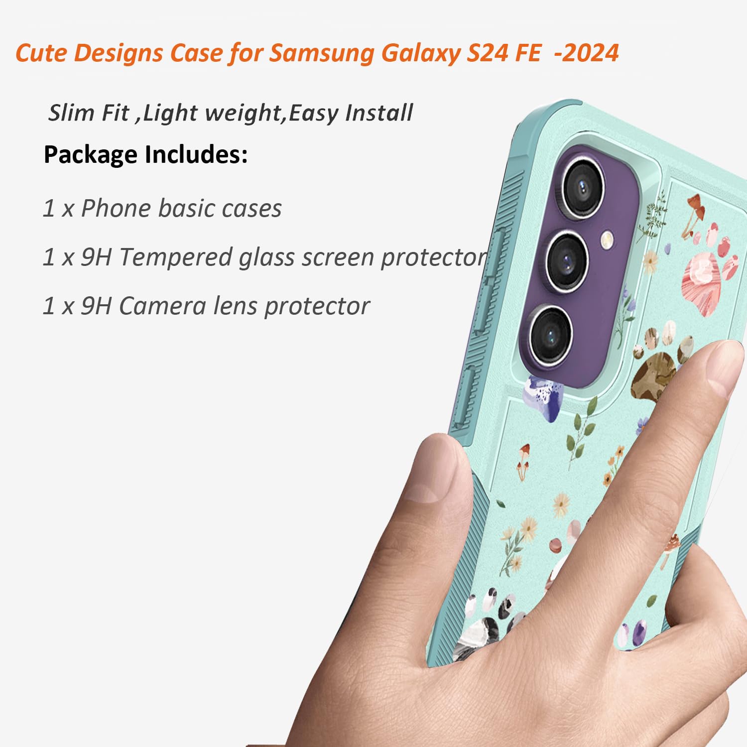 Funda para Samsung Galaxy S24 FE 5G con protector de pantalla + protector de lente de cámara: bonito diseño floral de flores para niñas y mujeres, funda delgada de silicona TPU para teléfono