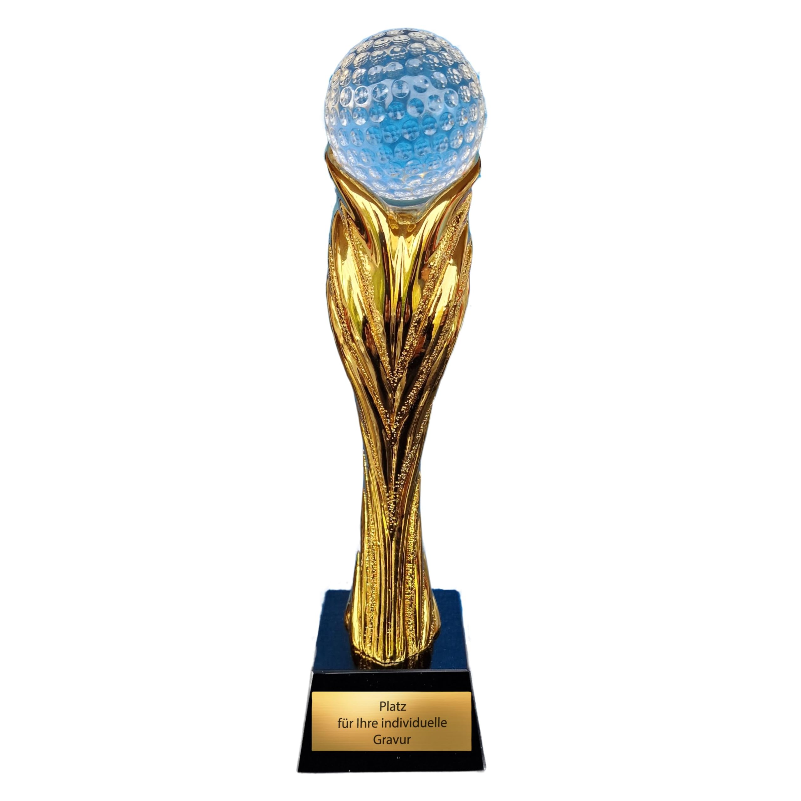 Golf Pokal 27,5 cm mit Glas Golfball auf Glassockel – edle Trophäe mit Goldener Säule aus schwerem Resin – hochwertiger Award mit Gravurschild kein Kunststoff für Turniere & Vereine
