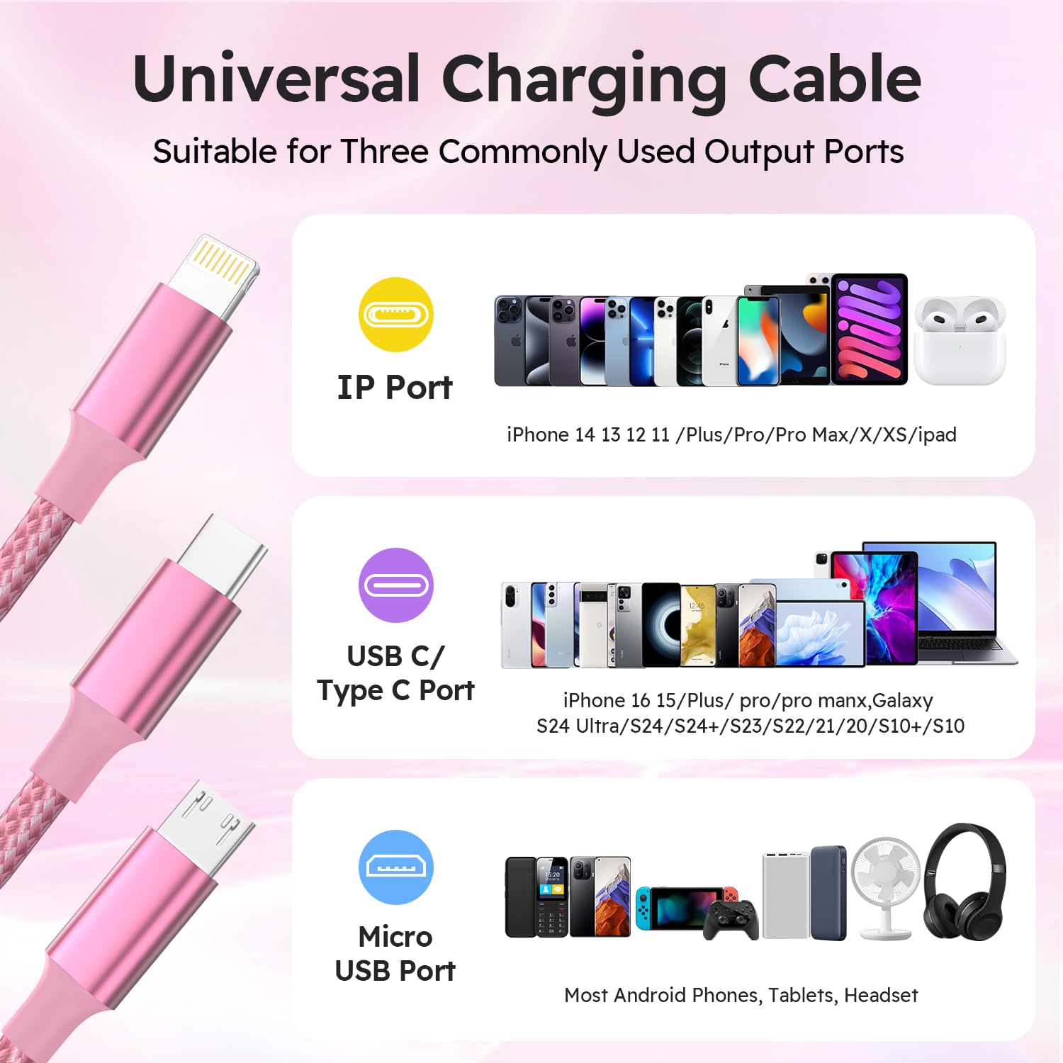 Cavo di ricarica USB 3 in 1, nylon intrecciato da 1,2 m, rosa e oro, confezione da 2
