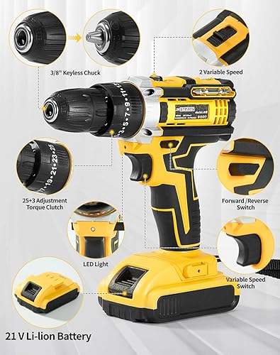 Miniatura 2 de Taladro inalámbrico - 25+3 torque, motor sin escobillas, taladro eléctrico de 1500 RPM con 2 baterías, luz LED, juego completo de taladro y estuche